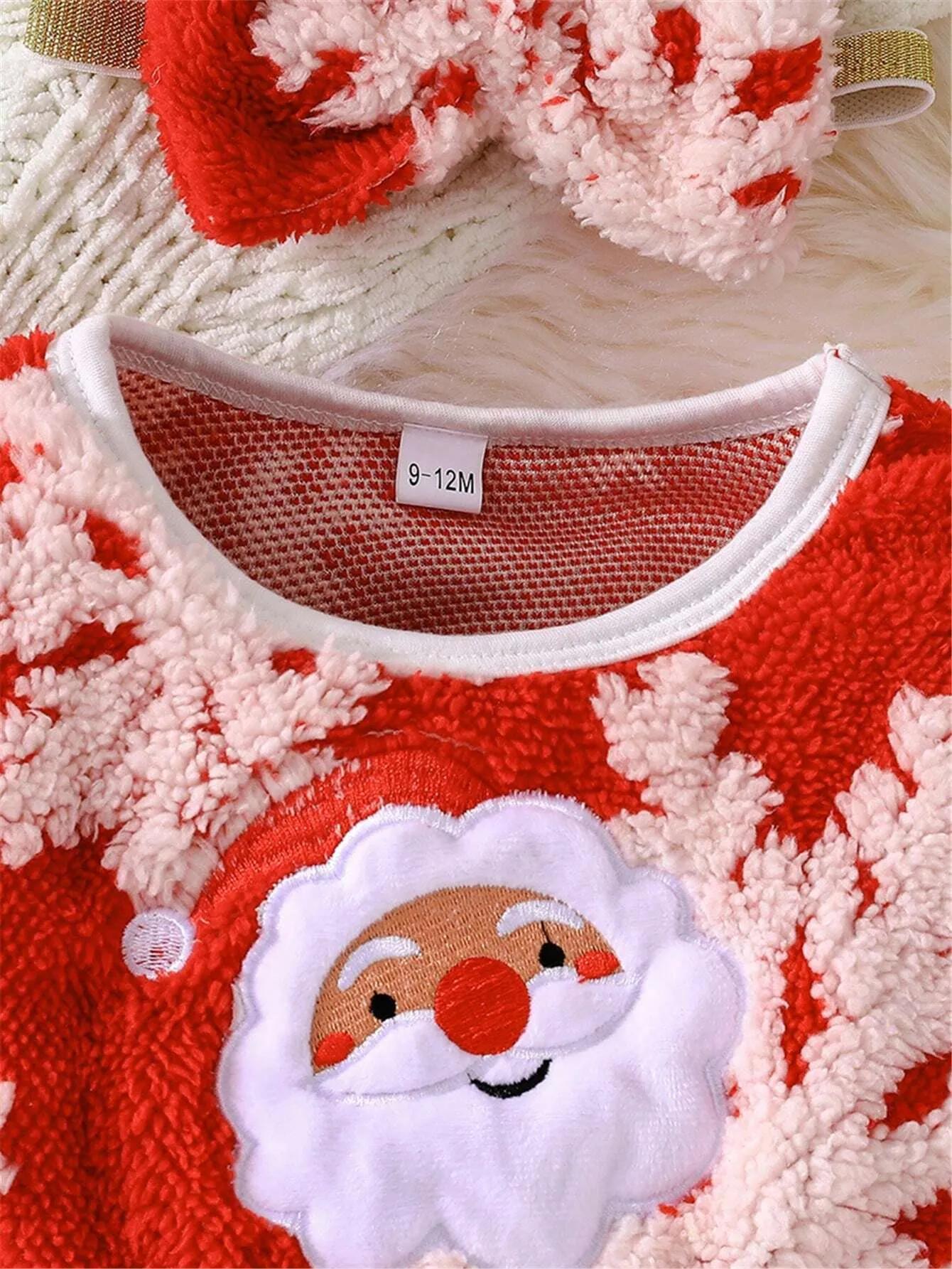 2-Piece Christmas 2024 Girls Plush Warm Cartoon Santa Claus Print Long Sleeve Dress   Headband Set, Winter