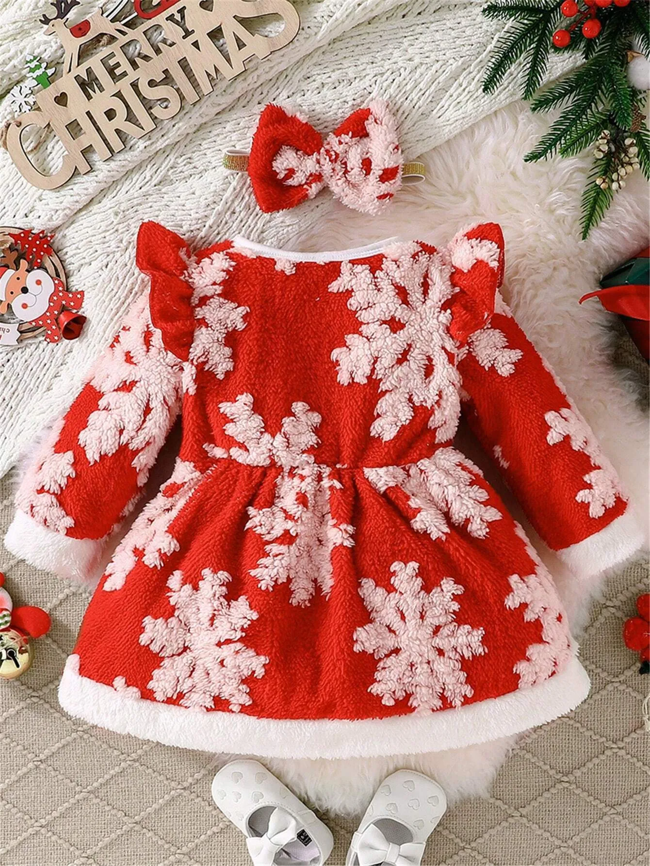 2-Piece Christmas 2024 Girls Plush Warm Cartoon Santa Claus Print Long Sleeve Dress   Headband Set, Winter