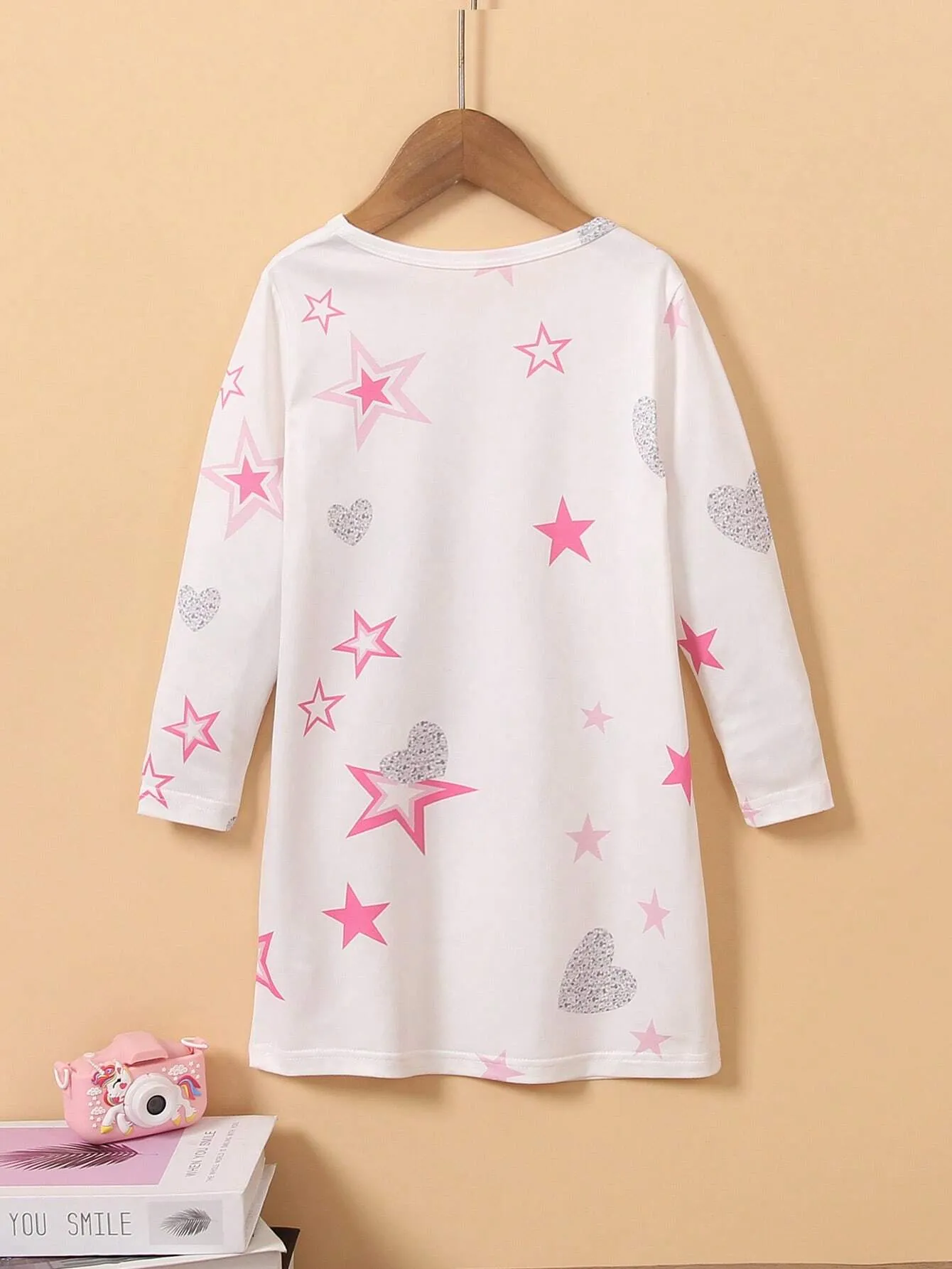 2024 New Girls Casual Cute Cartoon Unicorn & Star Random Print Long Sleeve Dress, Autumn