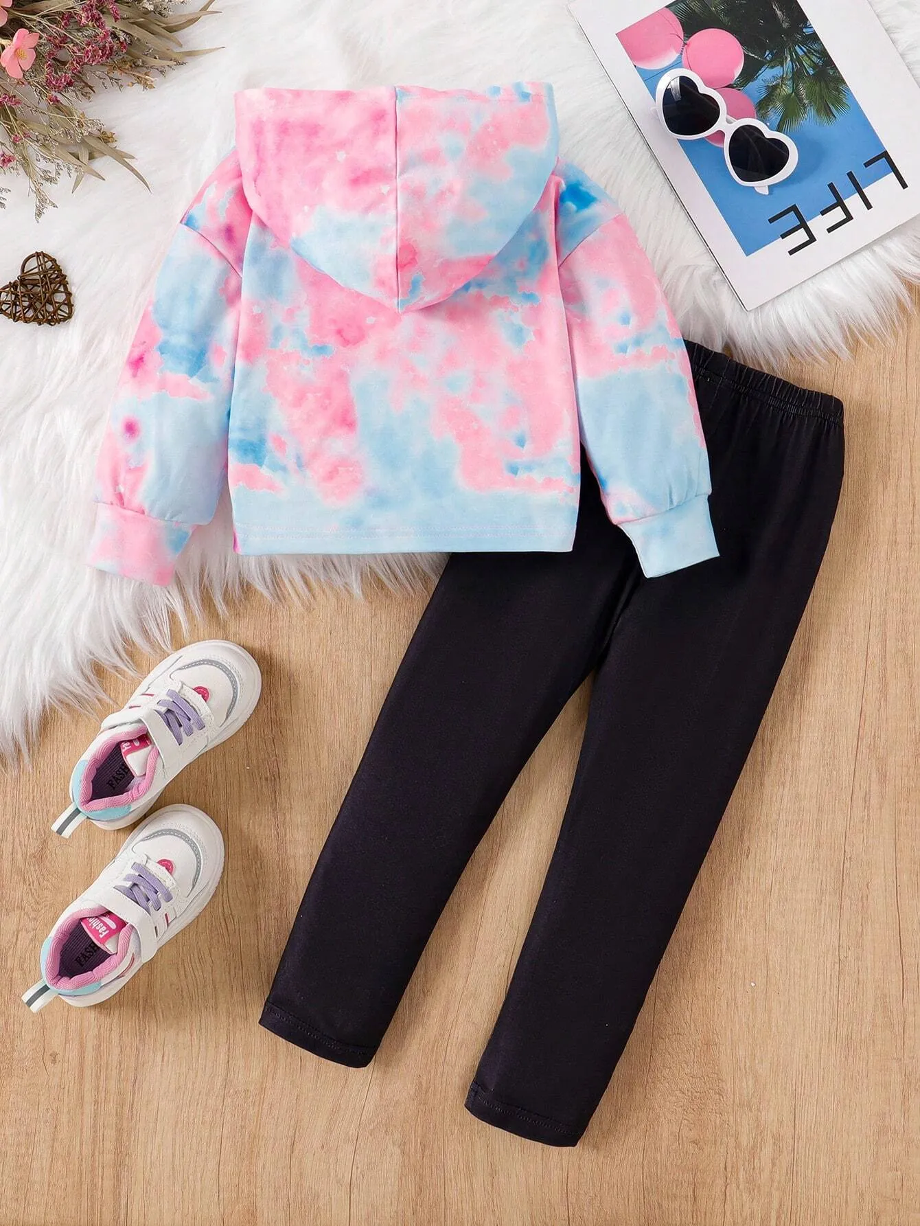 2pcs Girls Fashion Tie Dye Letter Print Hooded Sweatshirt   Slim Fit Pants Set