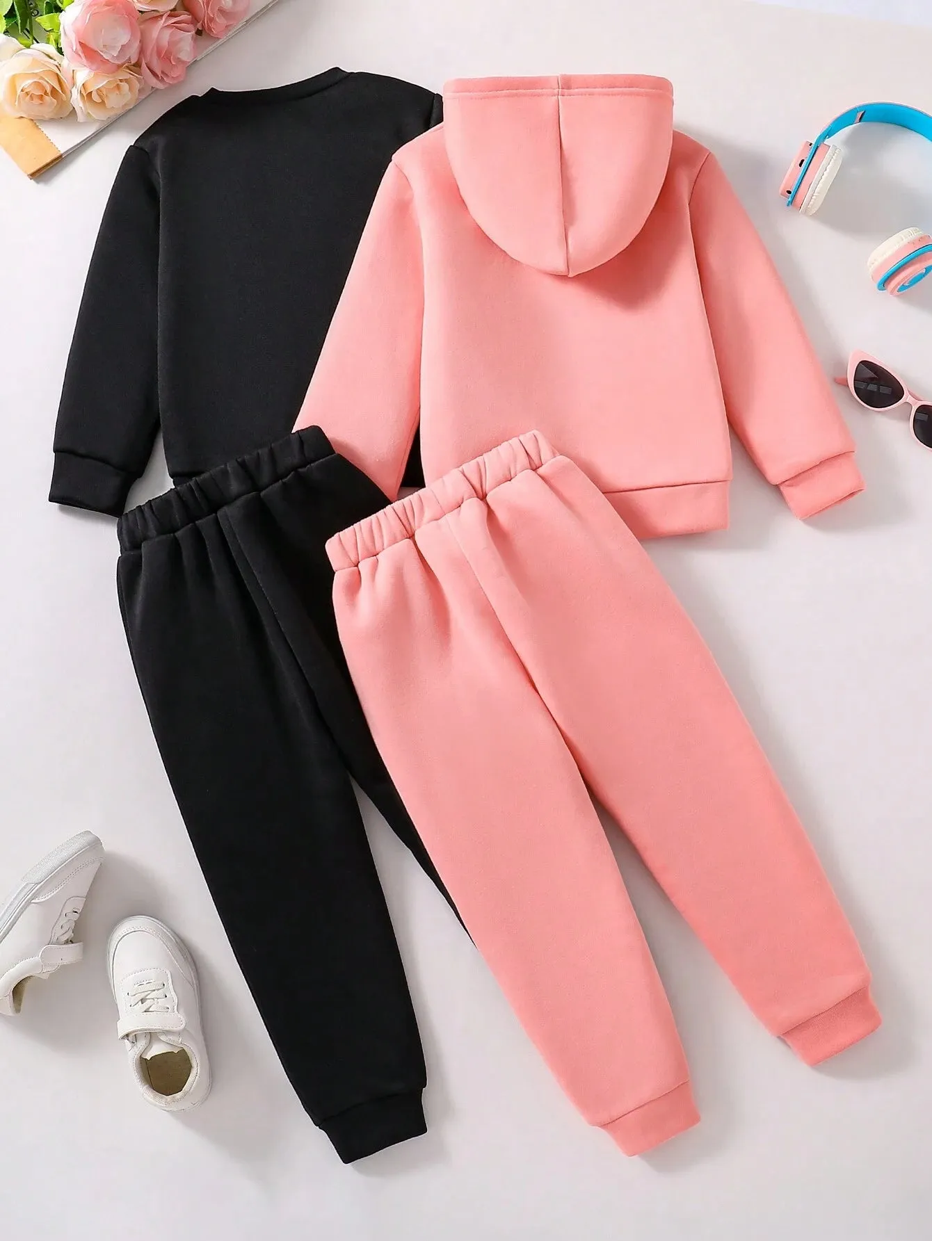 2pcs Toddler Cartoon Print Warm Crew Neck Sweatshirt And Hooded Sweatshirt With Sports Pants Set