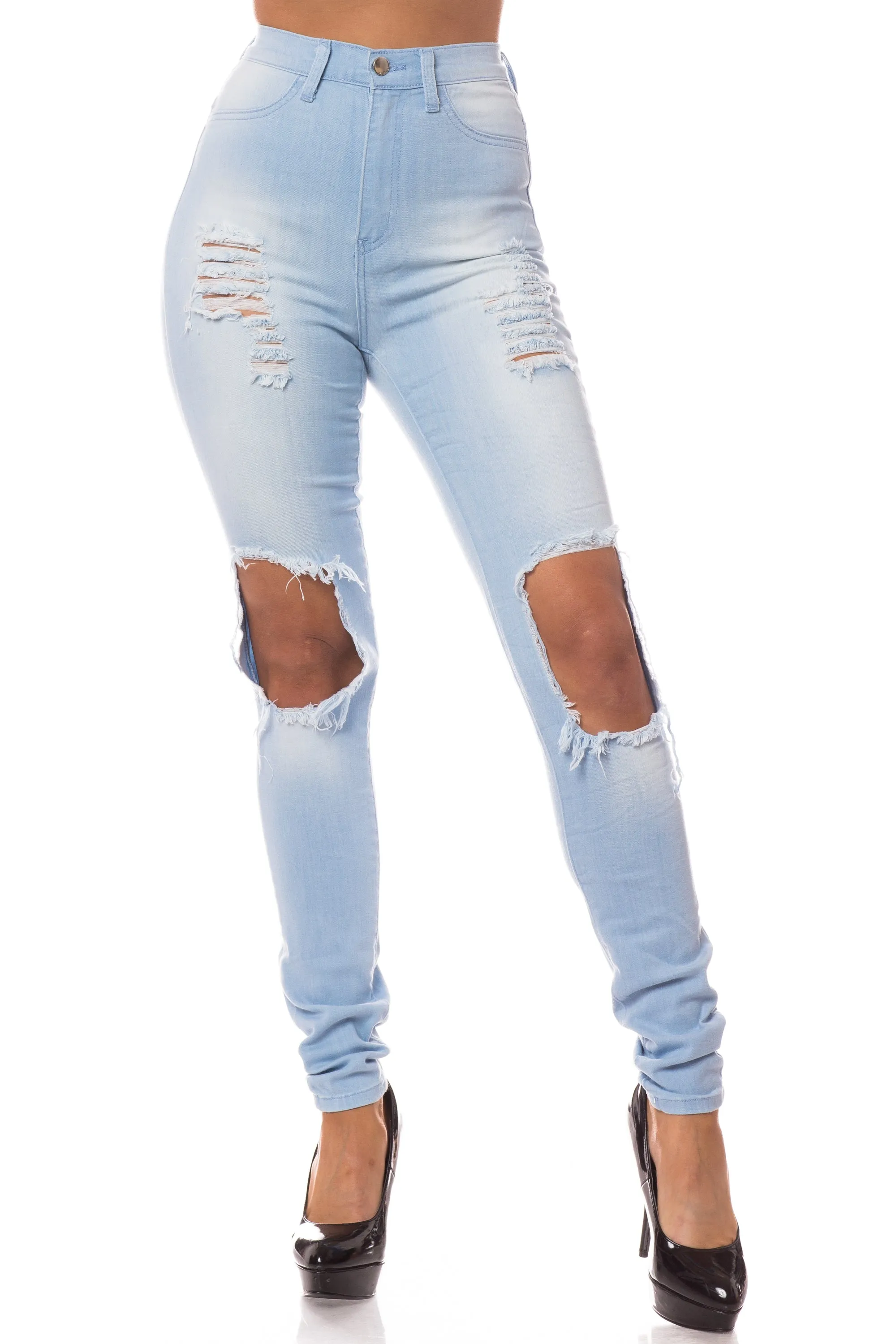 4243 Super High Waisted Distressed Skinny Jeans with Cut Outs