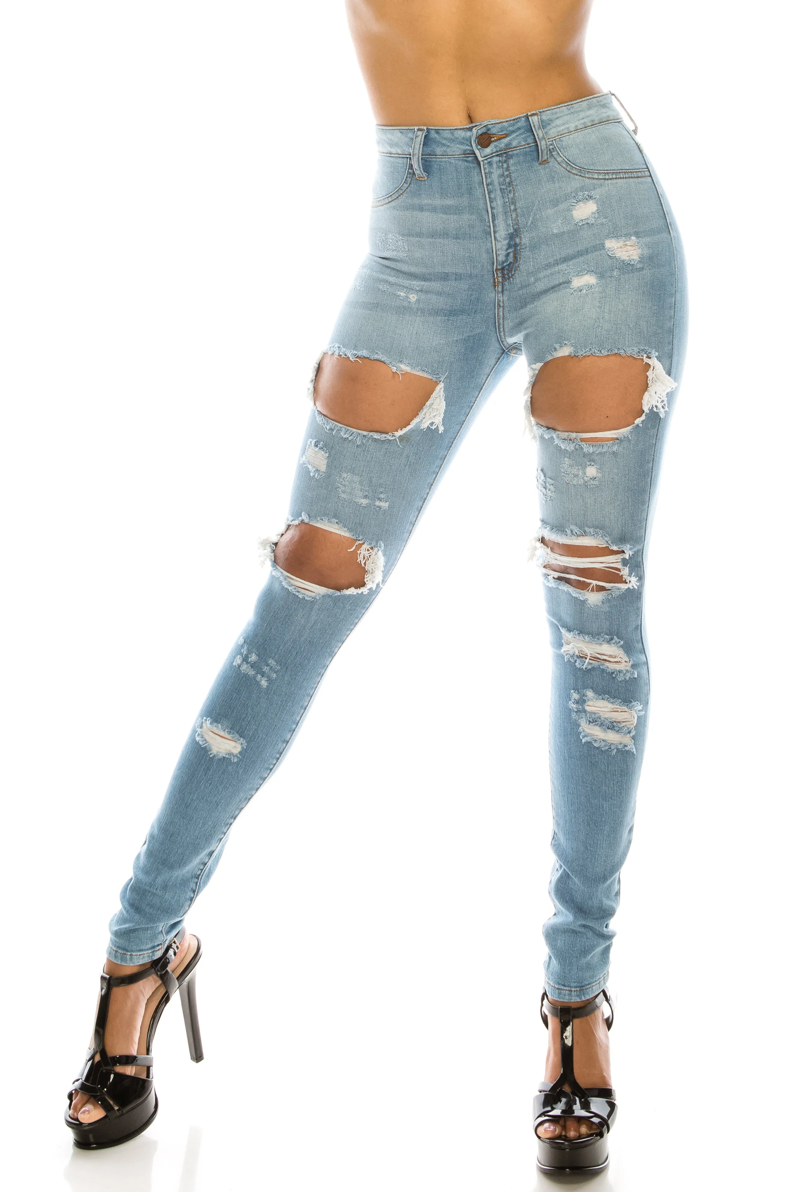 4358 Super High Waisted Distressed Skinny Jeans with Cut Outs