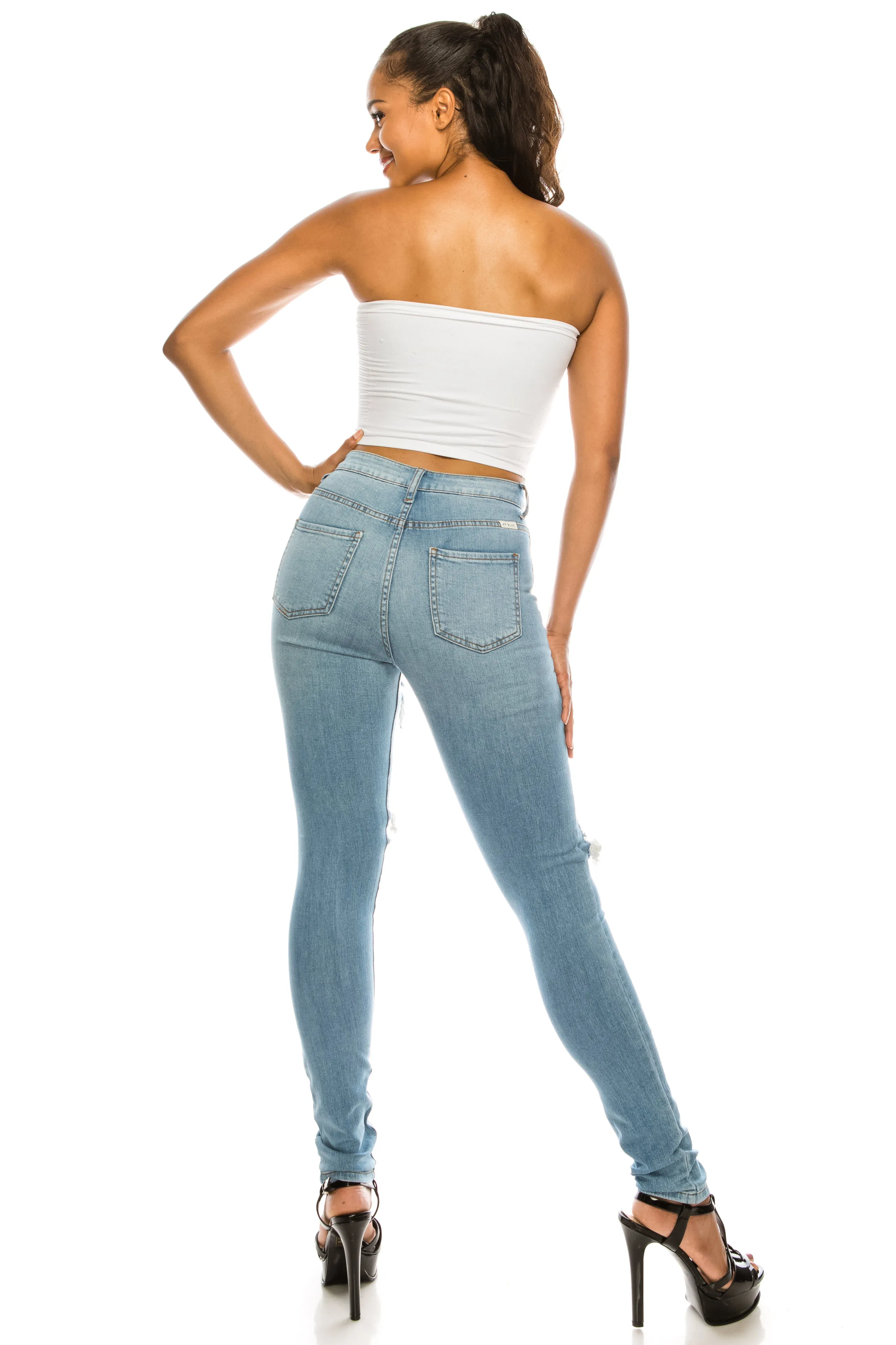 4358 Super High Waisted Distressed Skinny Jeans with Cut Outs