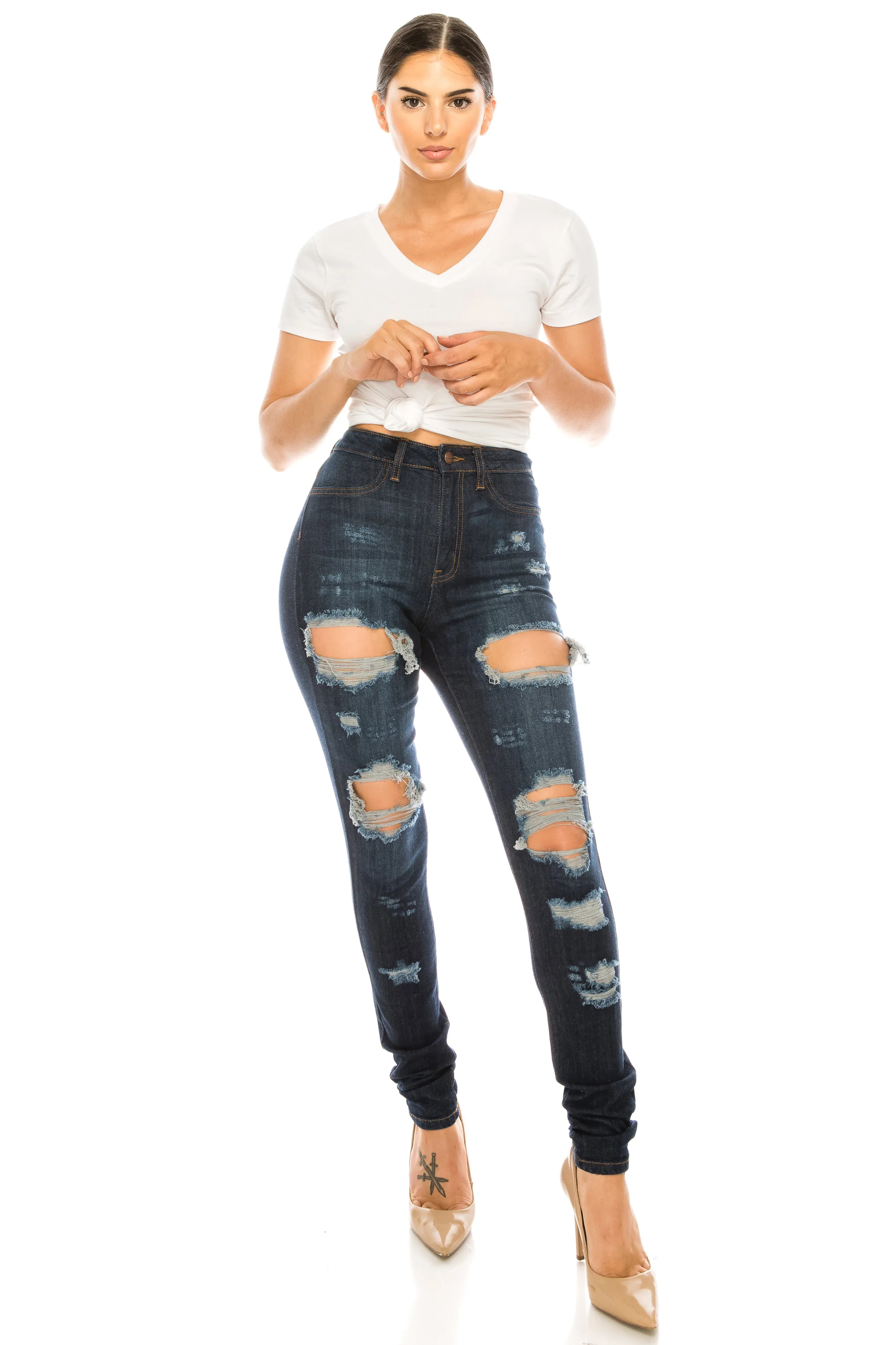 4358 Super High Waisted Distressed Skinny Jeans with Cut Outs