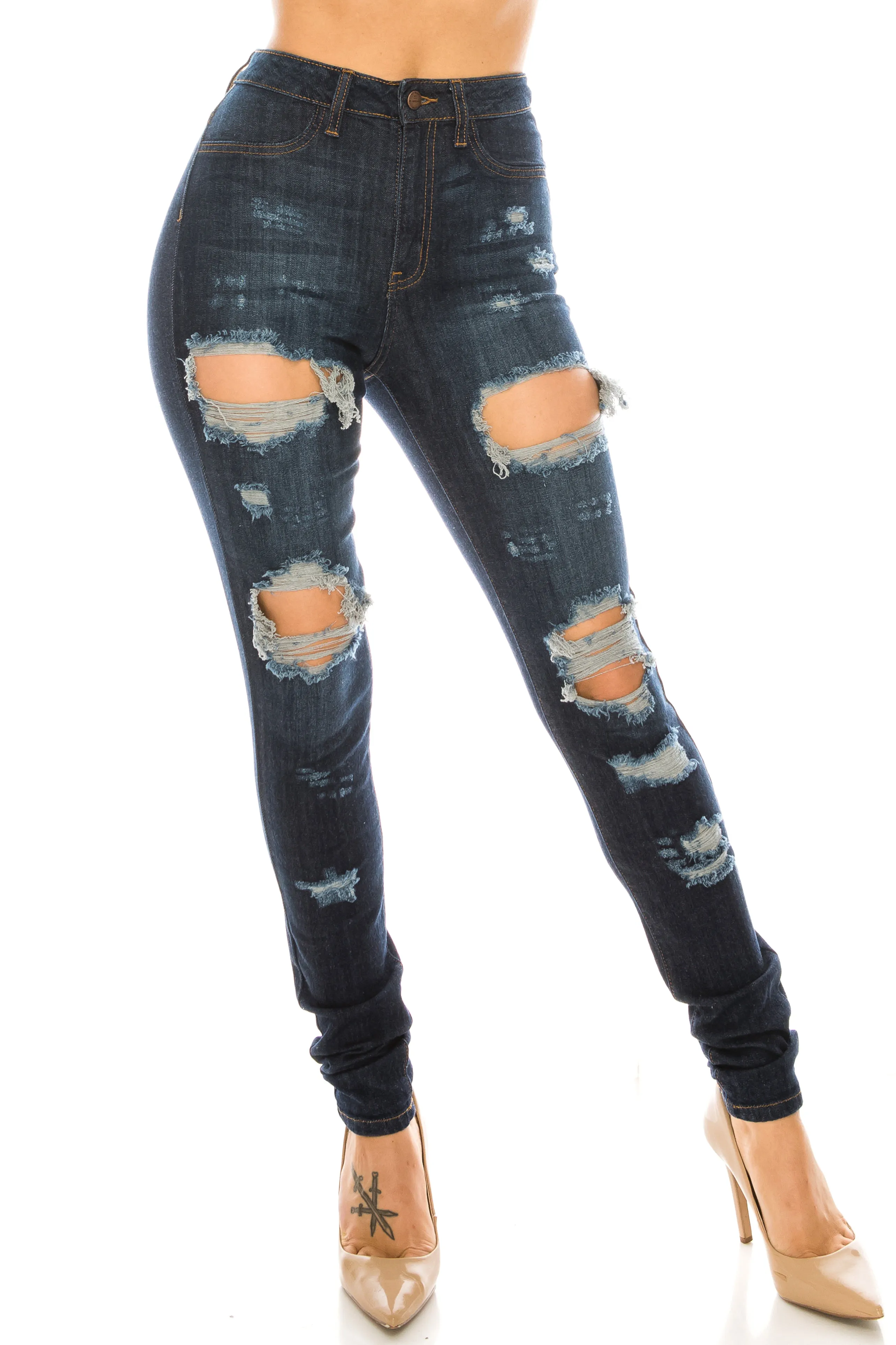 4358 Super High Waisted Distressed Skinny Jeans with Cut Outs