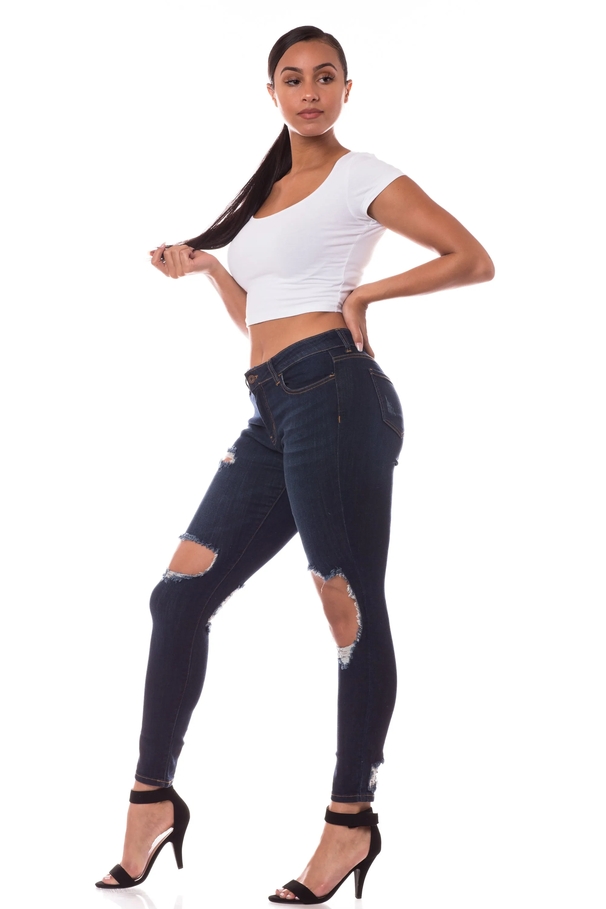 4408 Women's Mid Waisted Distressed Skinny Jeans with Cut Outs