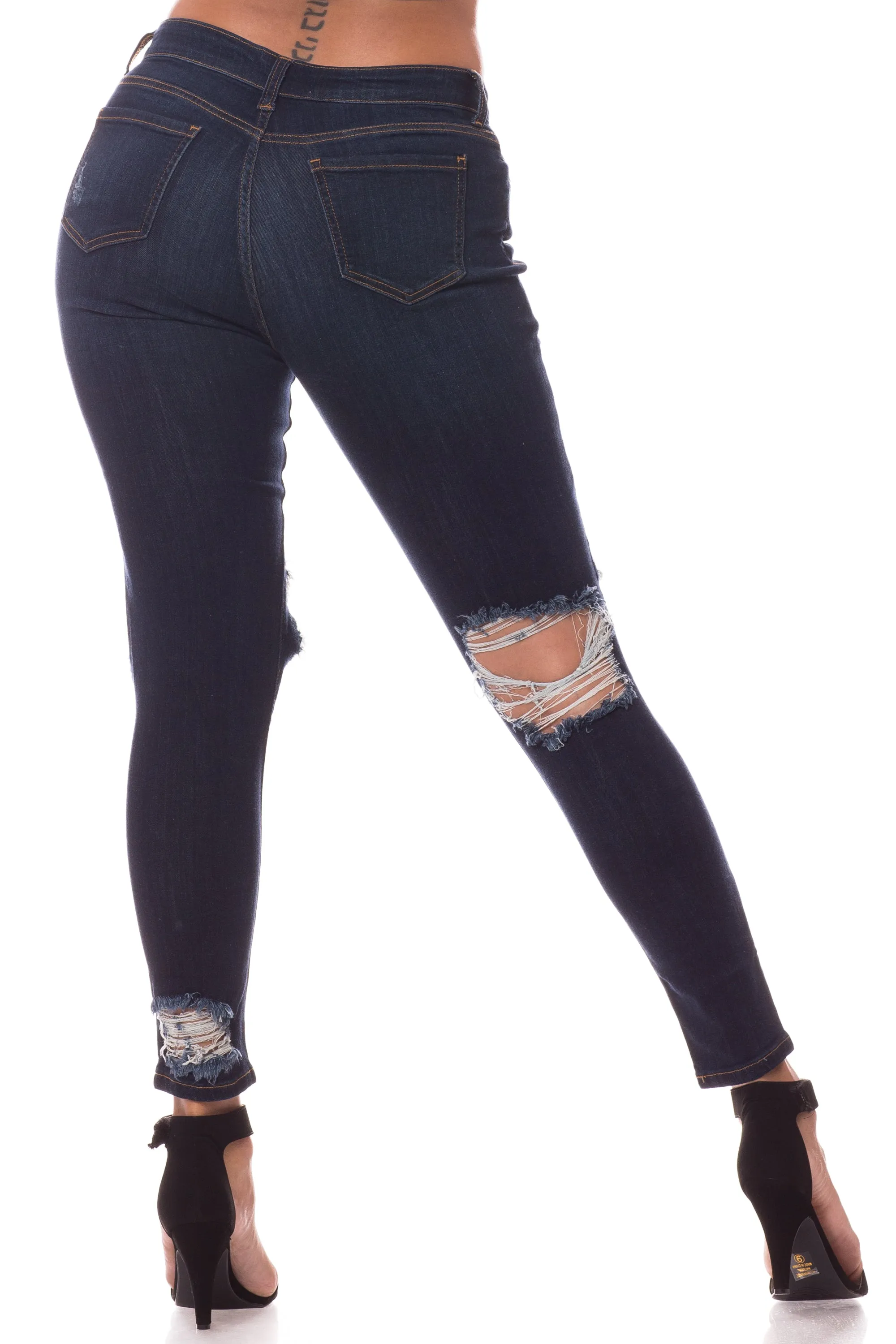 4408 Women's Mid Waisted Distressed Skinny Jeans with Cut Outs