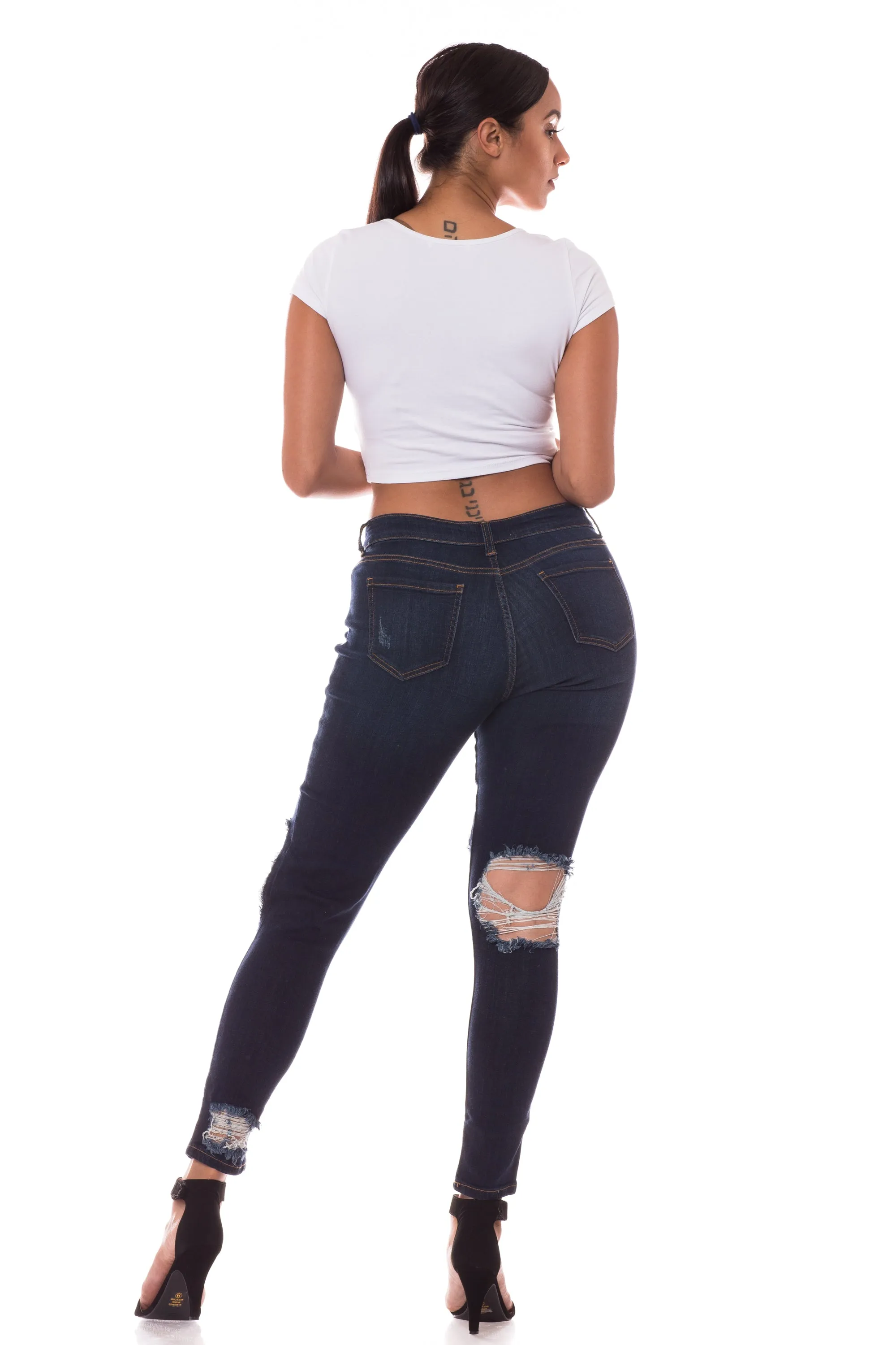 4408 Women's Mid Waisted Distressed Skinny Jeans with Cut Outs