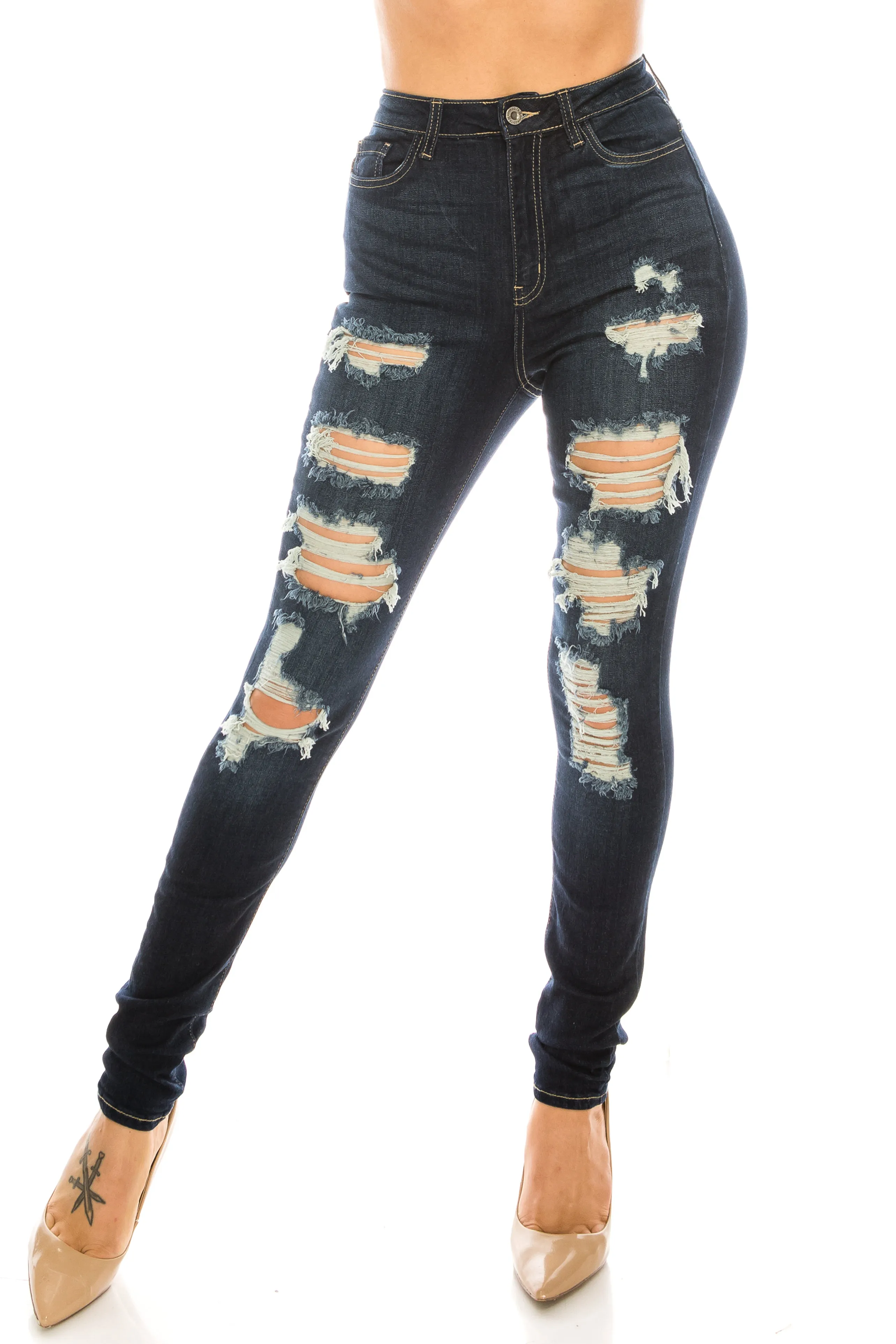 4525 Women's Super High Waisted Distressed Skinny Jeans