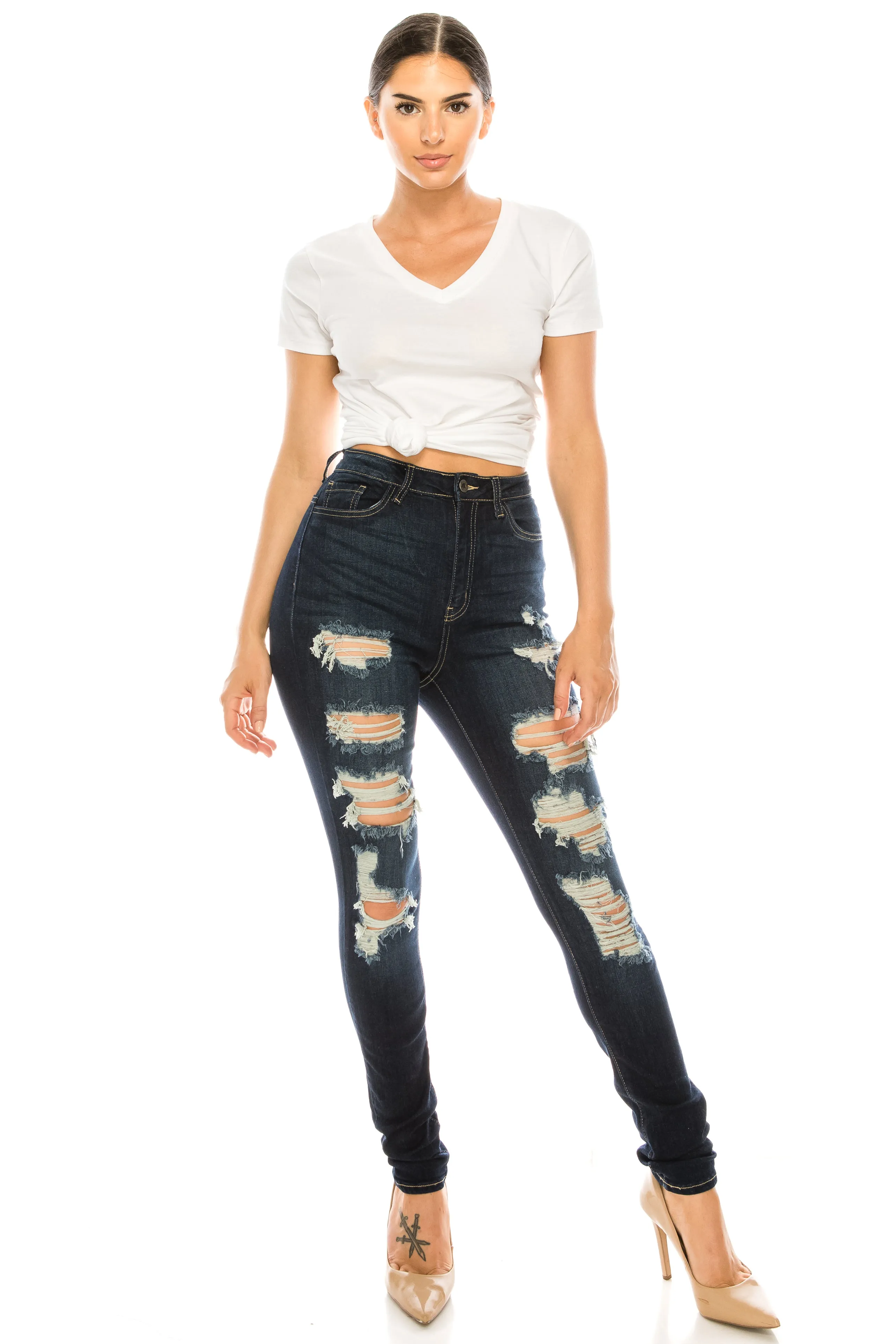 4525 Women's Super High Waisted Distressed Skinny Jeans
