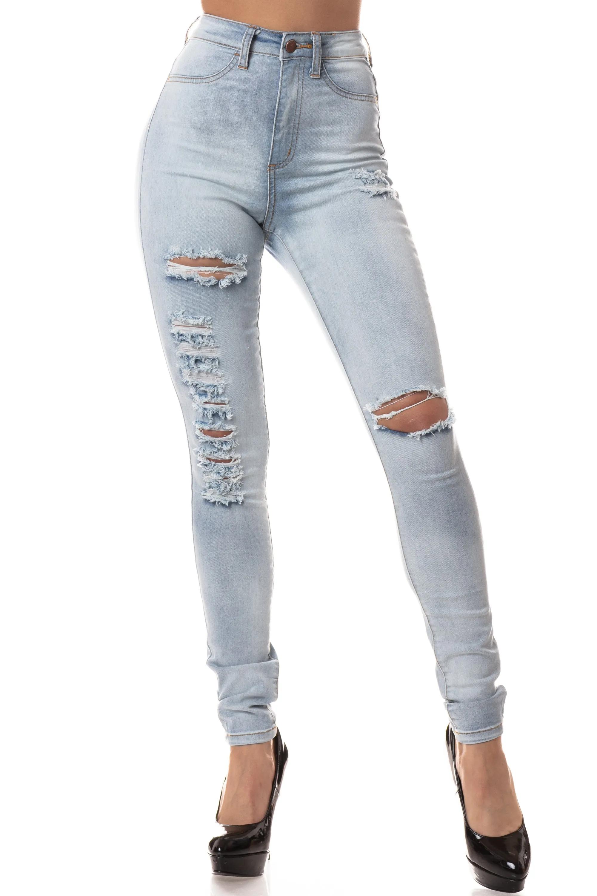 4544 Women's High Waisted Washed Down Distressed Skinny Jeans