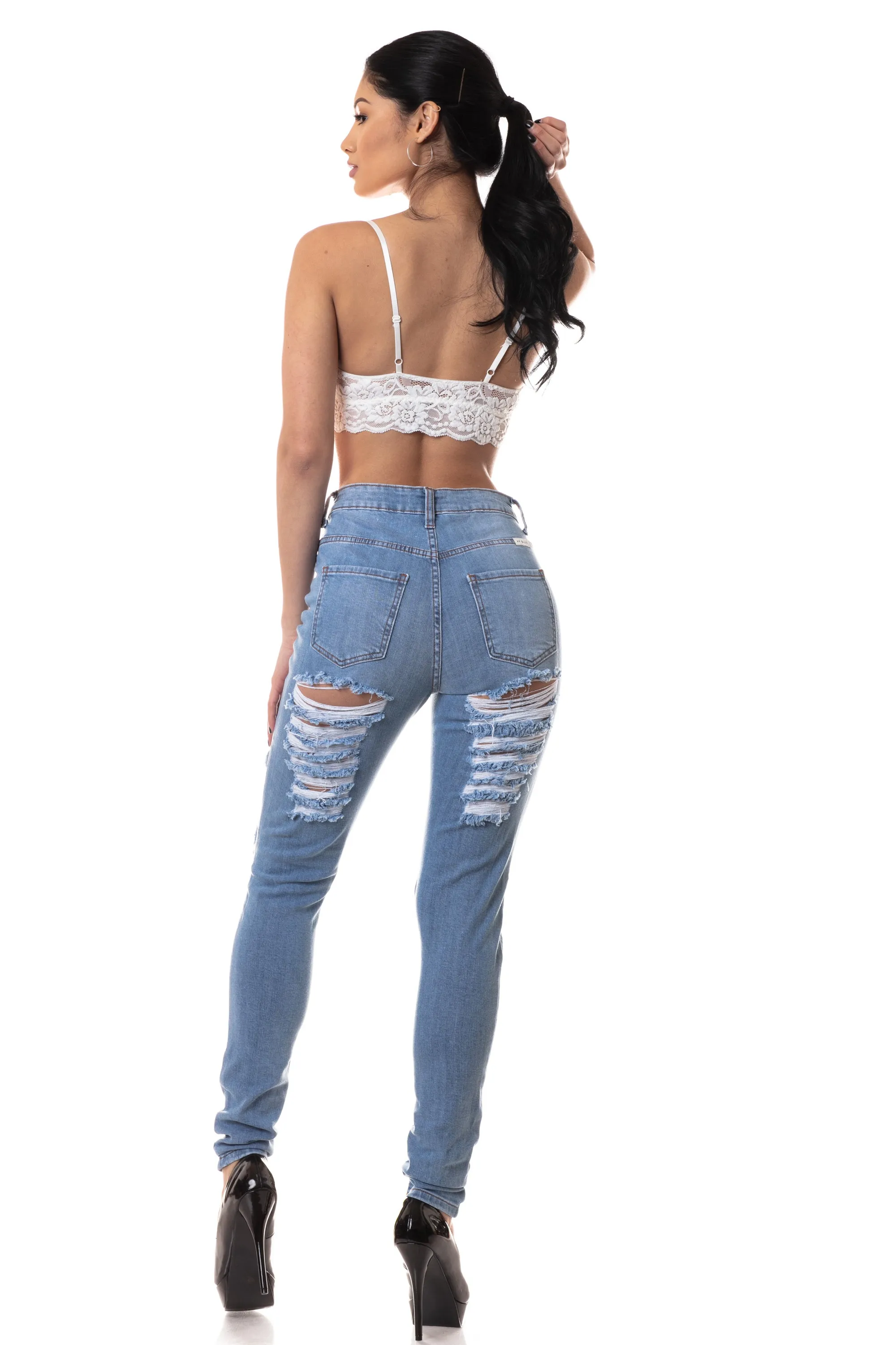 4582 Women's High Waisted Distressed Skinny Jeans with Cut Outs