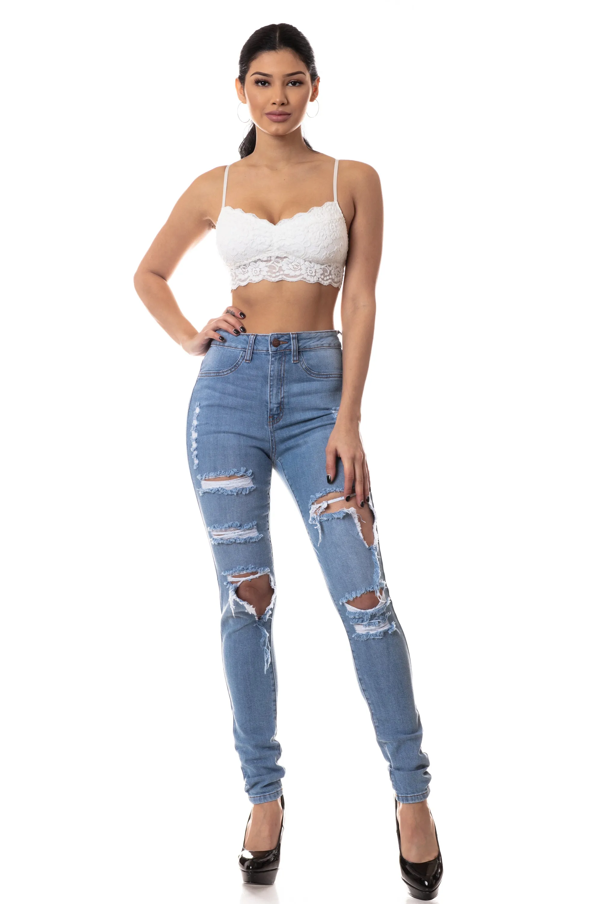 4582 Women's High Waisted Distressed Skinny Jeans with Cut Outs