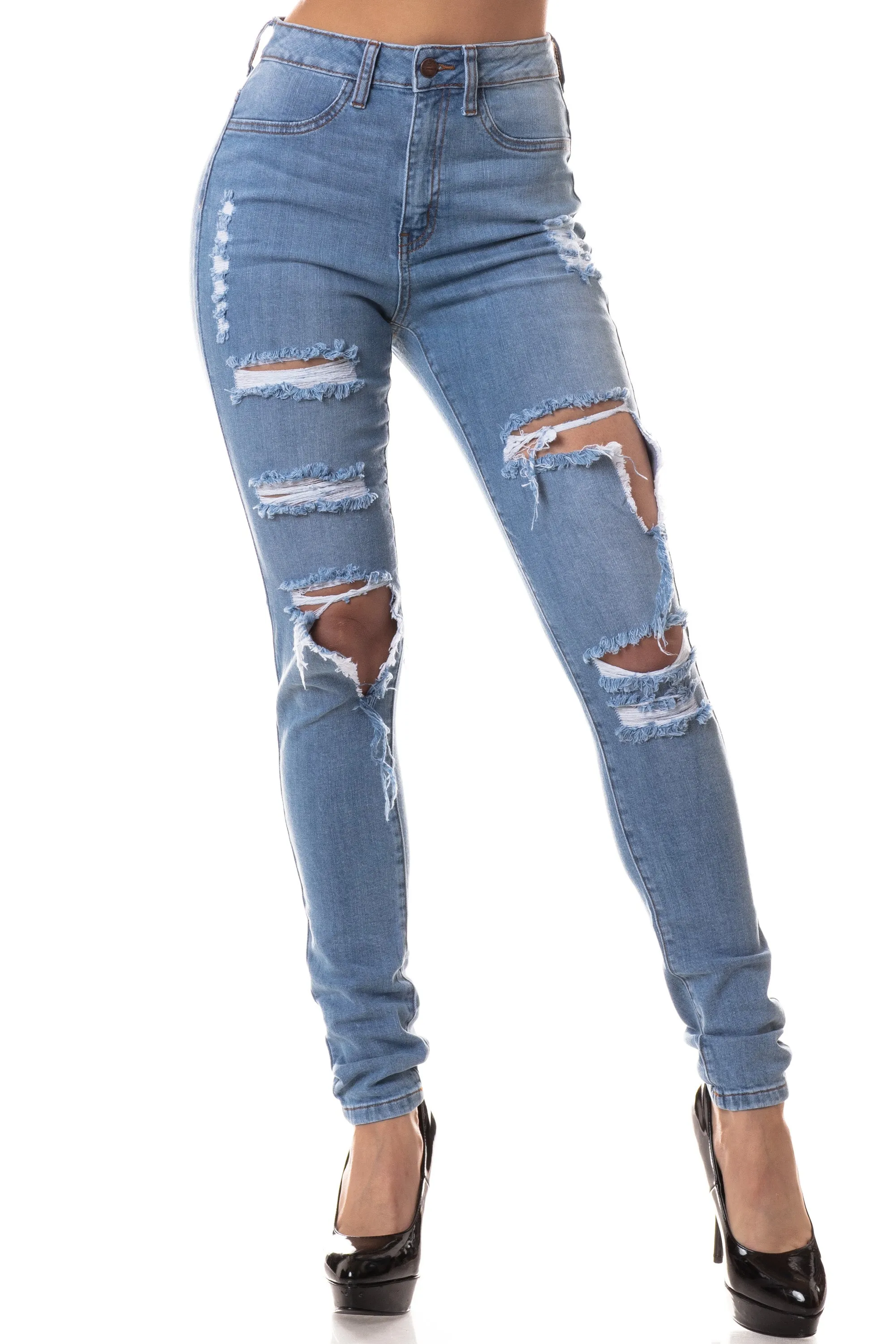 4582 Women's High Waisted Distressed Skinny Jeans with Cut Outs