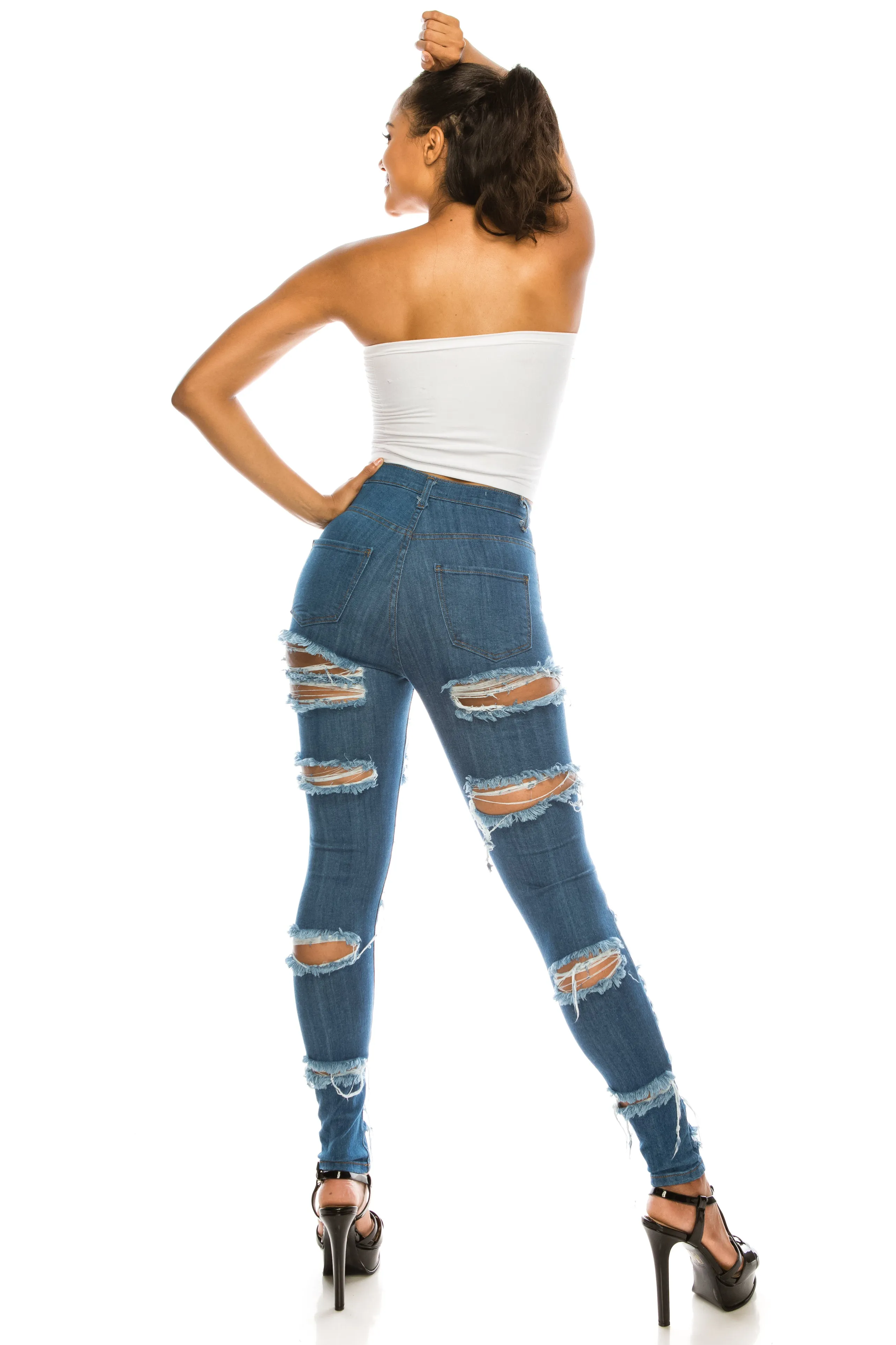 4609 Women's Super High Waisted Distressed Skinny Jeans