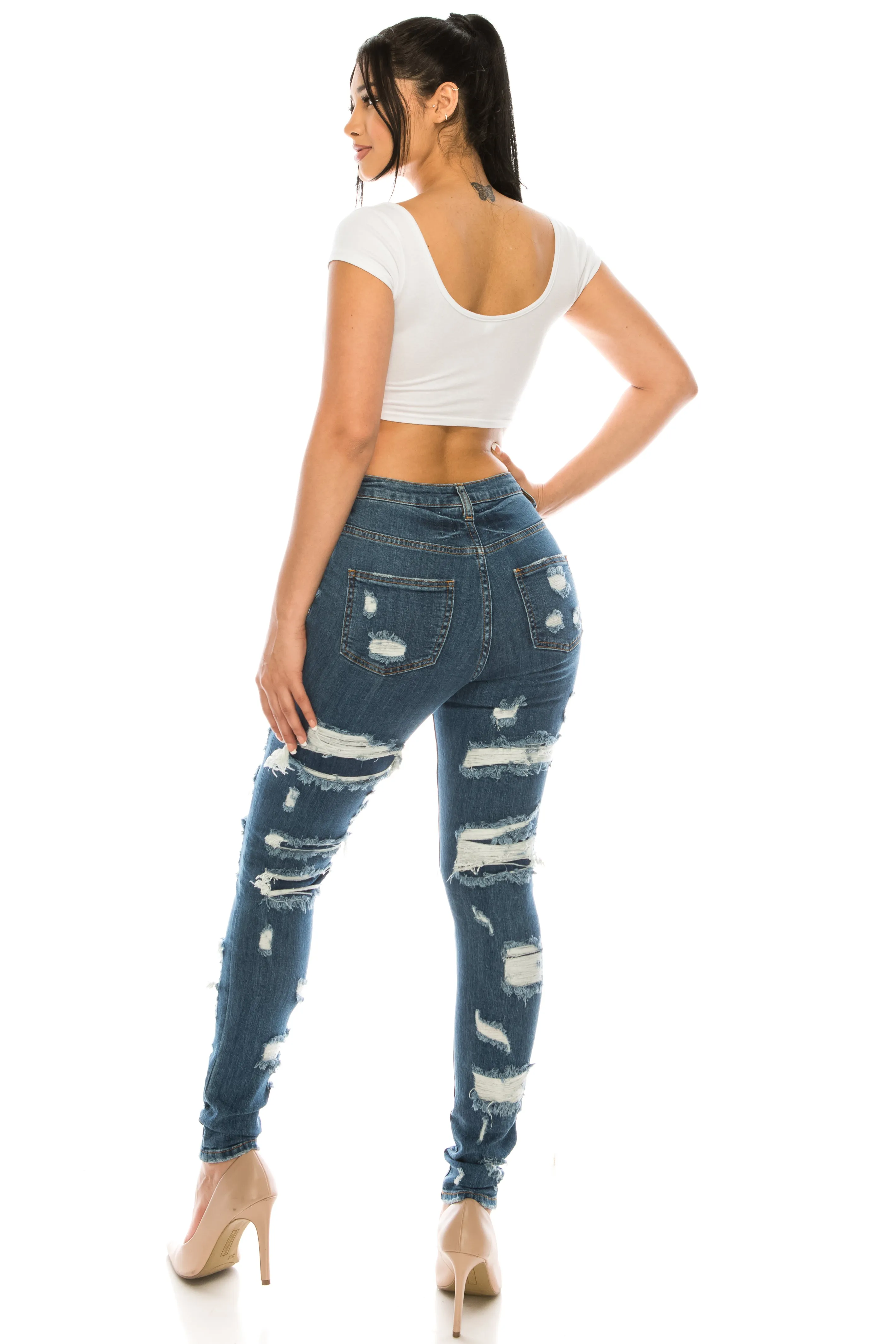 4672 Women's High Waisted Distressed Repaired Patched Skinny Jeans