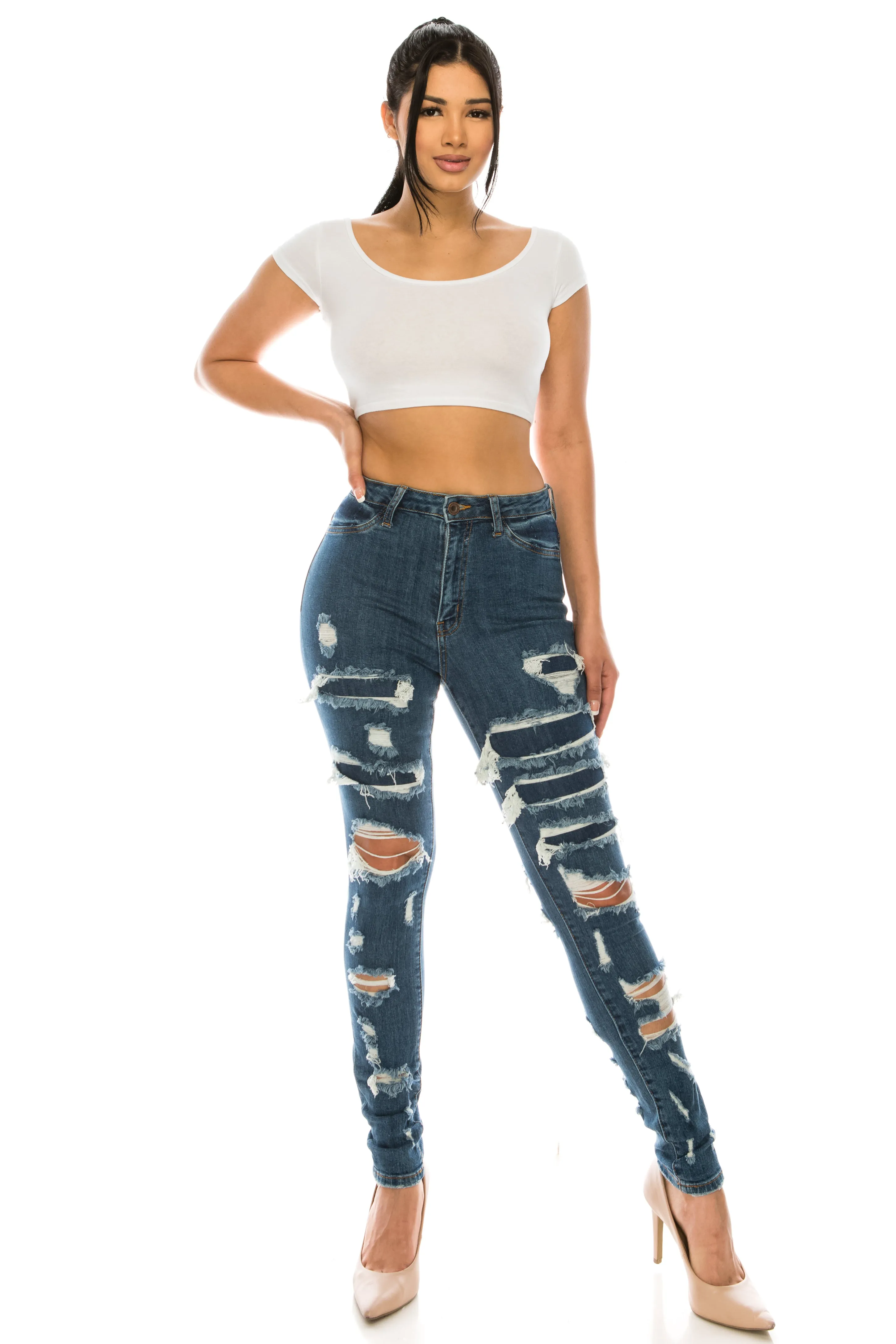 4672 Women's High Waisted Distressed Repaired Patched Skinny Jeans