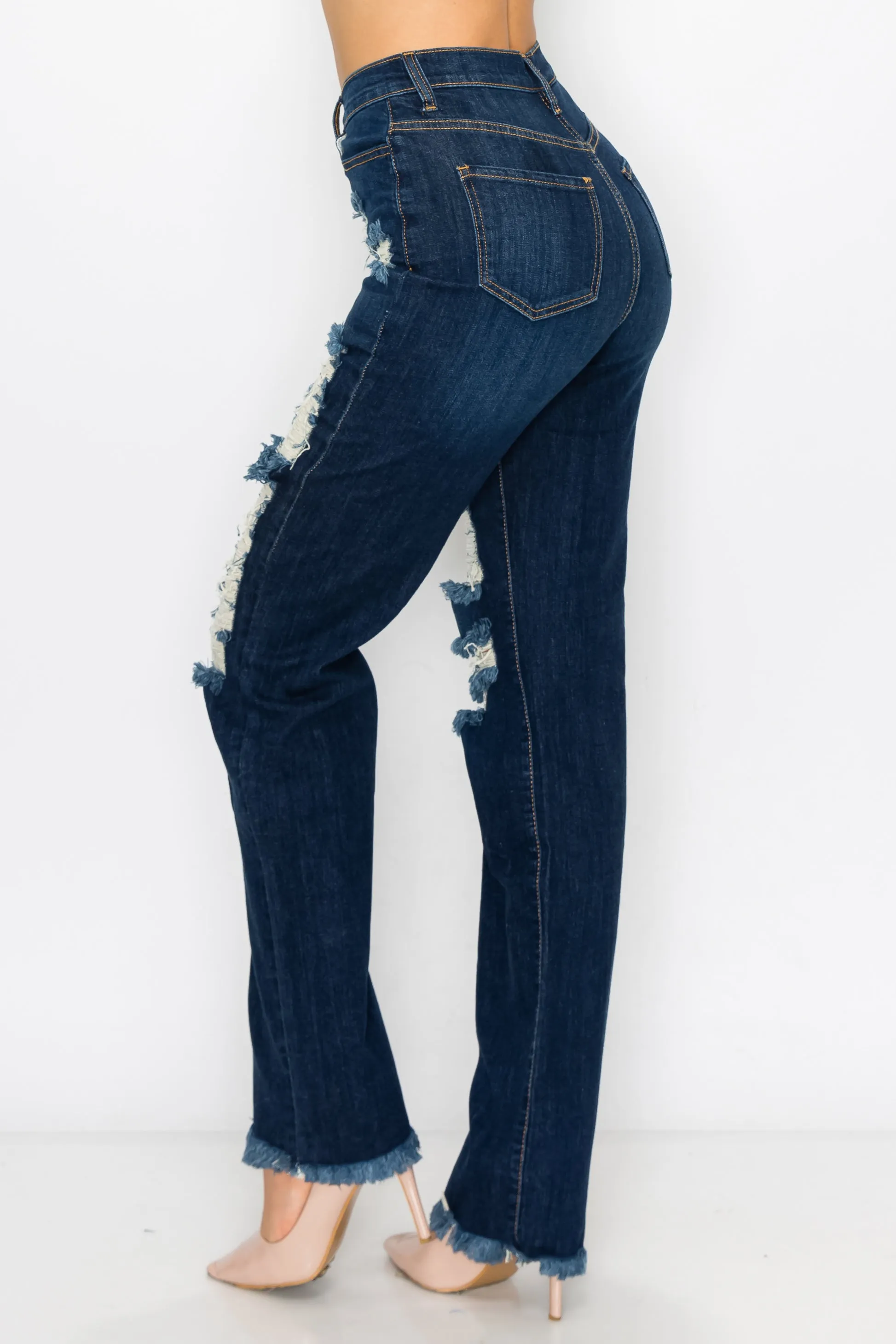 4898 Women's Crossover High Waisted Destressed Loose fit Jeans