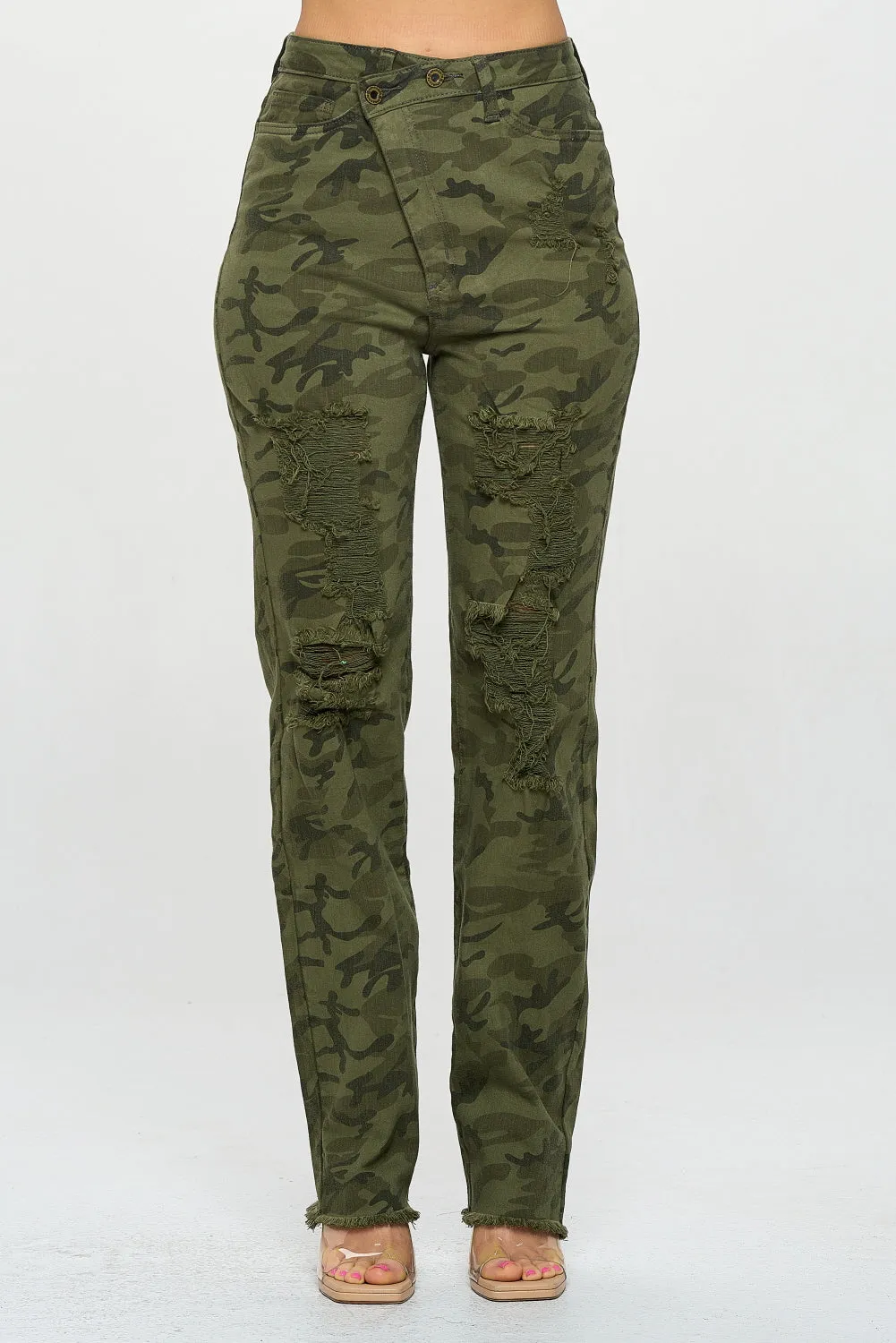 4898 Women's Crossover High Waisted Destressed Loose fit Jeans