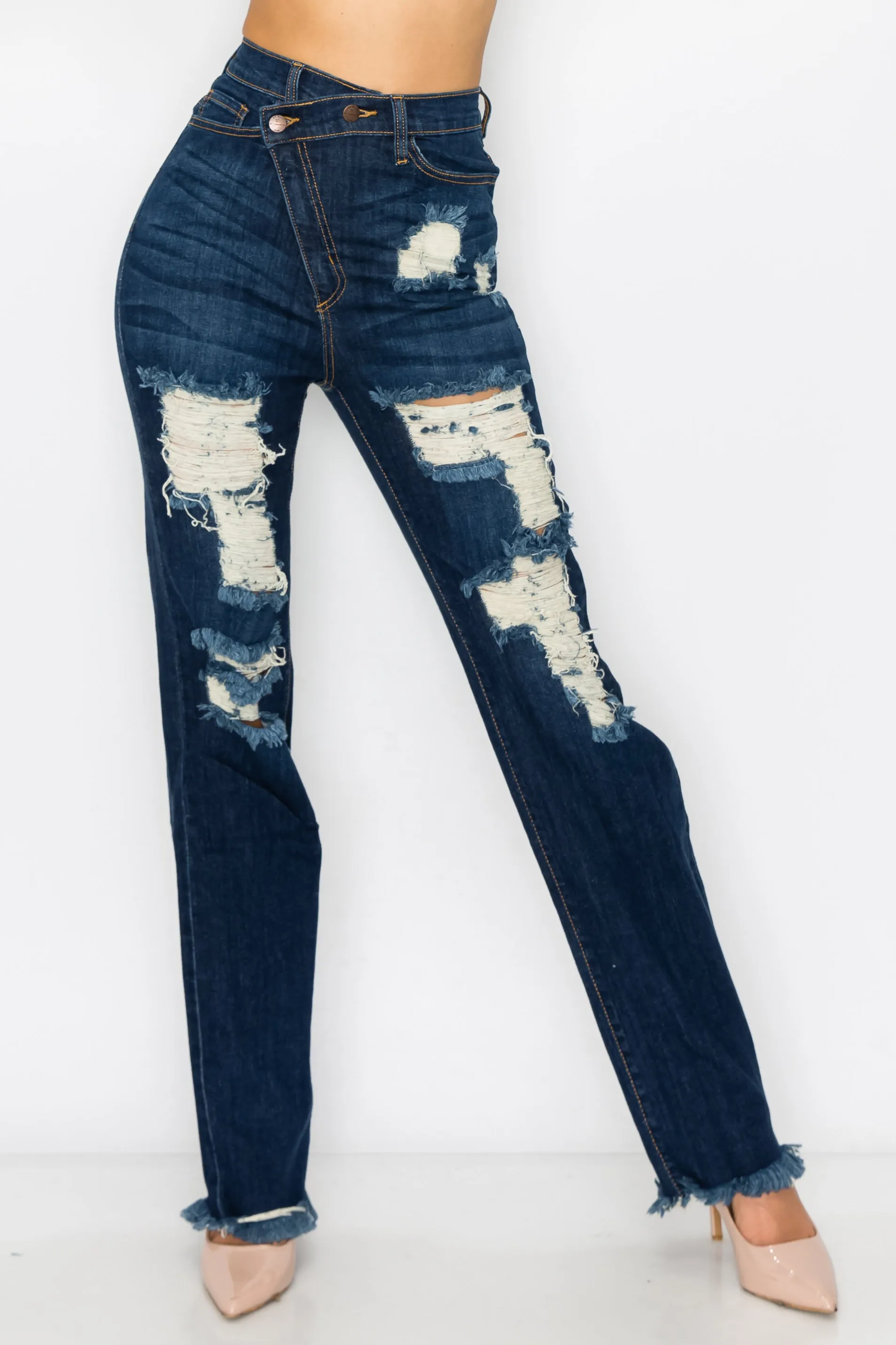 4898 Women's Crossover High Waisted Destressed Loose fit Jeans