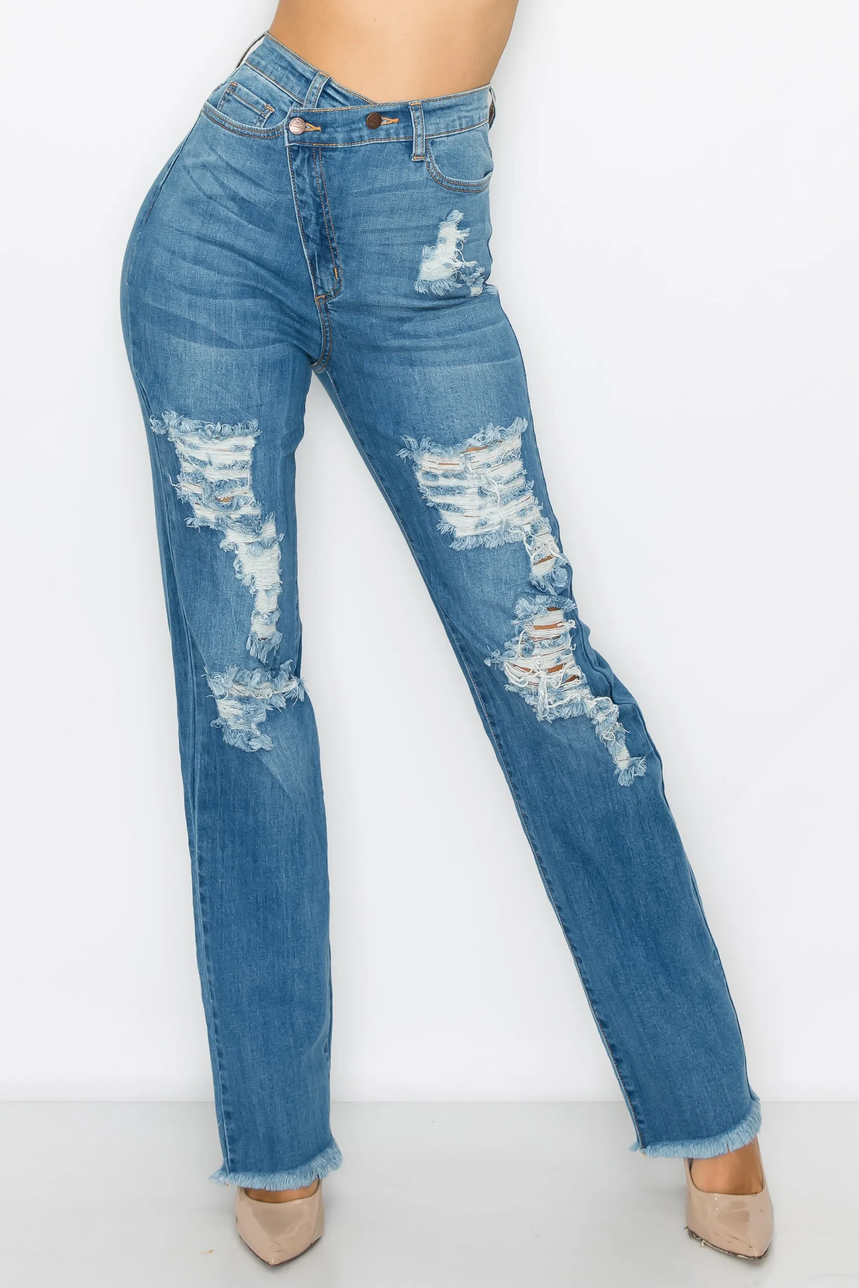 4898 Women's Crossover High Waisted Destressed Loose fit Jeans