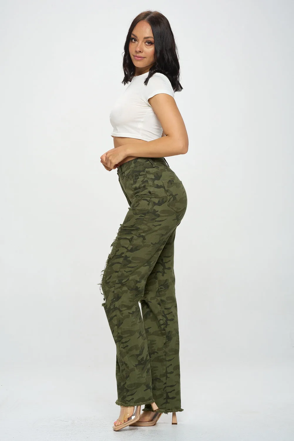 4898 Women's Crossover High Waisted Destressed Loose fit Jeans
