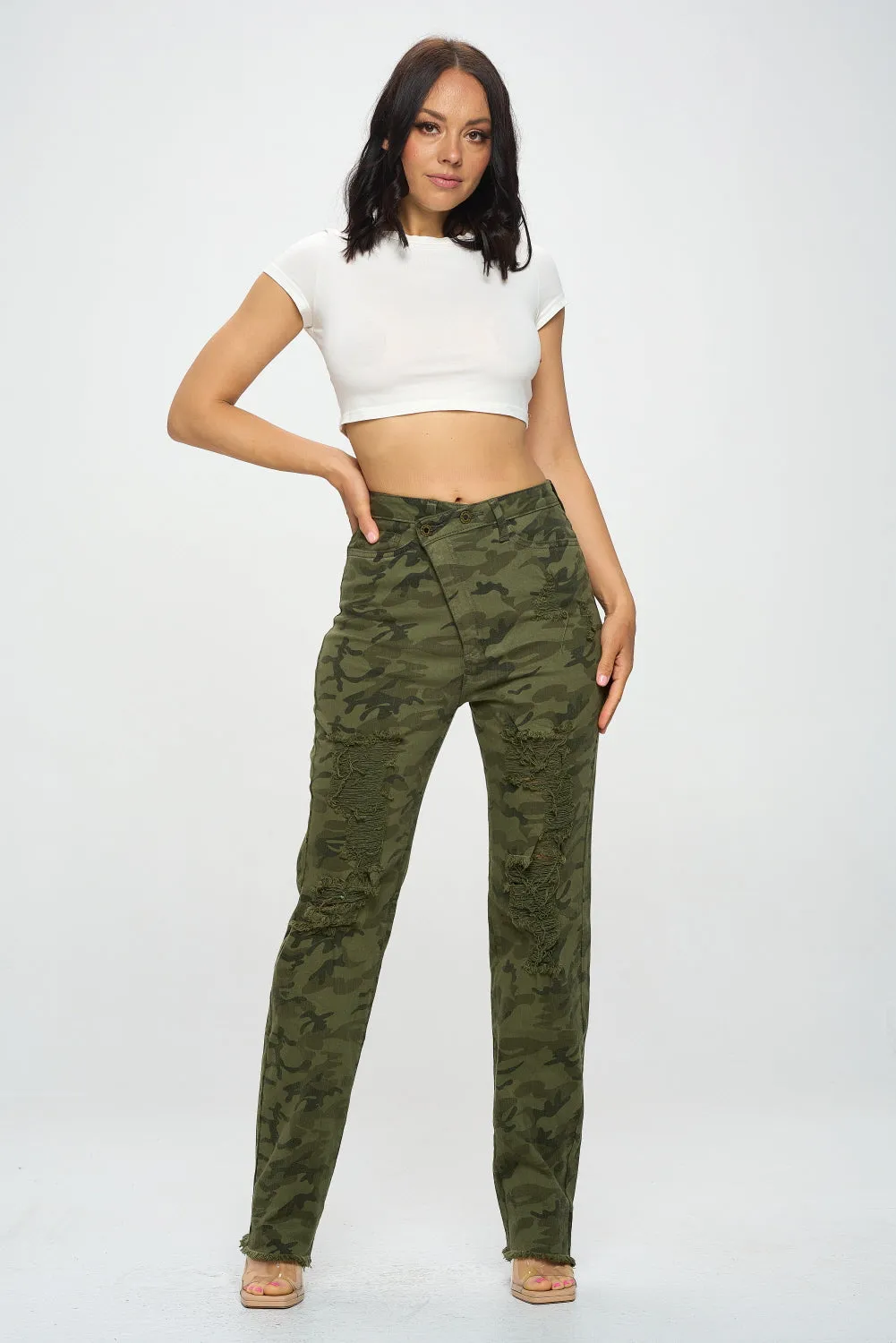 4898 Women's Crossover High Waisted Destressed Loose fit Jeans