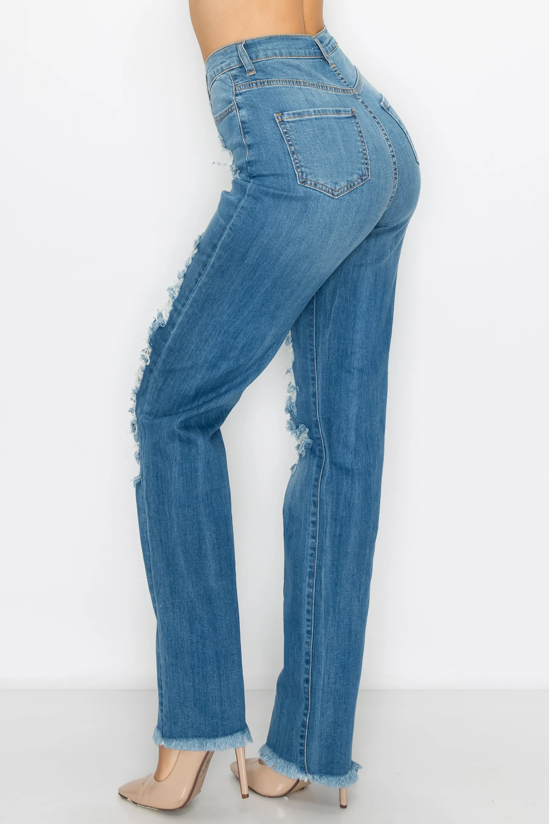 4898 Women's Crossover High Waisted Destressed Loose fit Jeans
