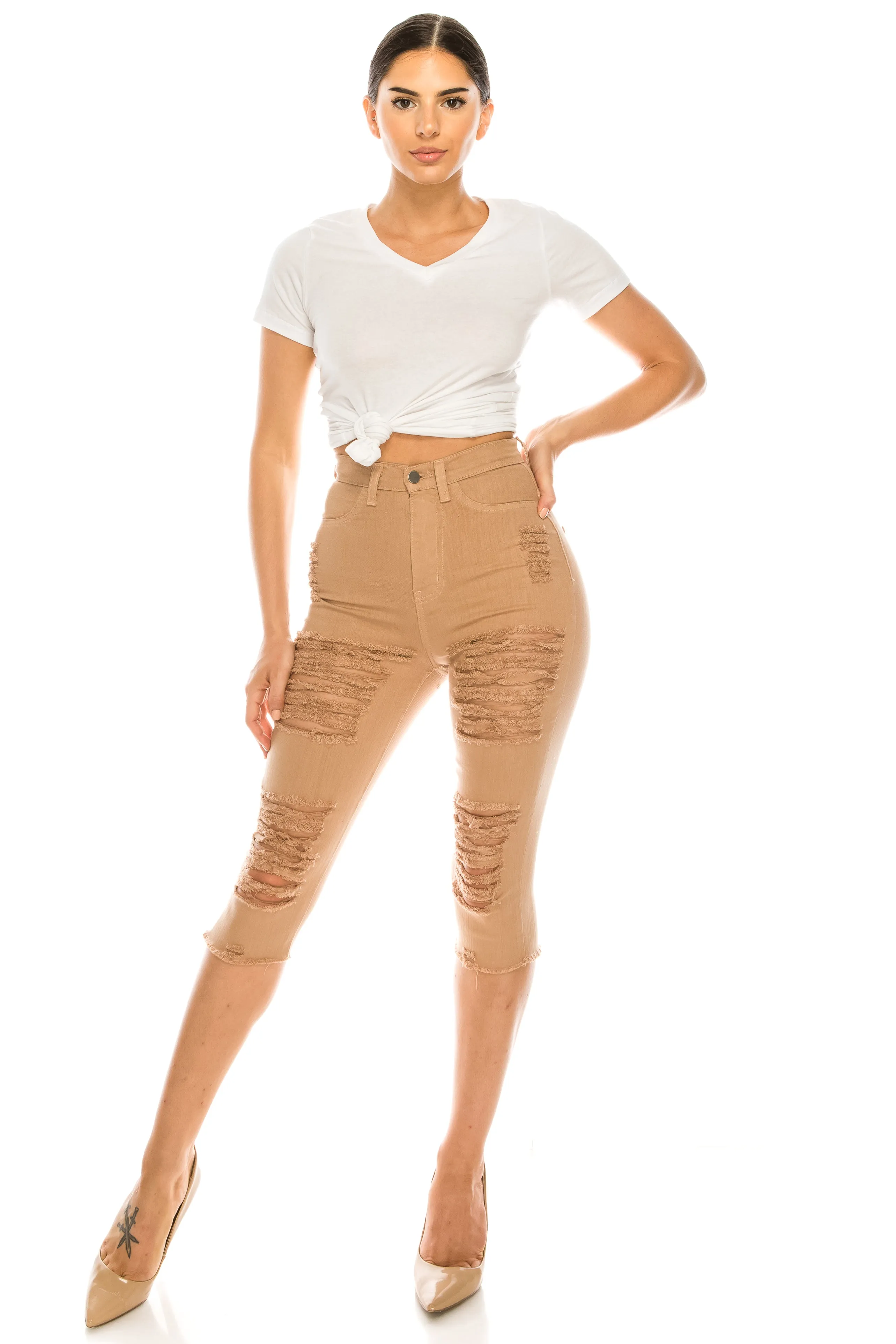 7003 Women's Super High Waisted Distressed Cropped Capri Jeans