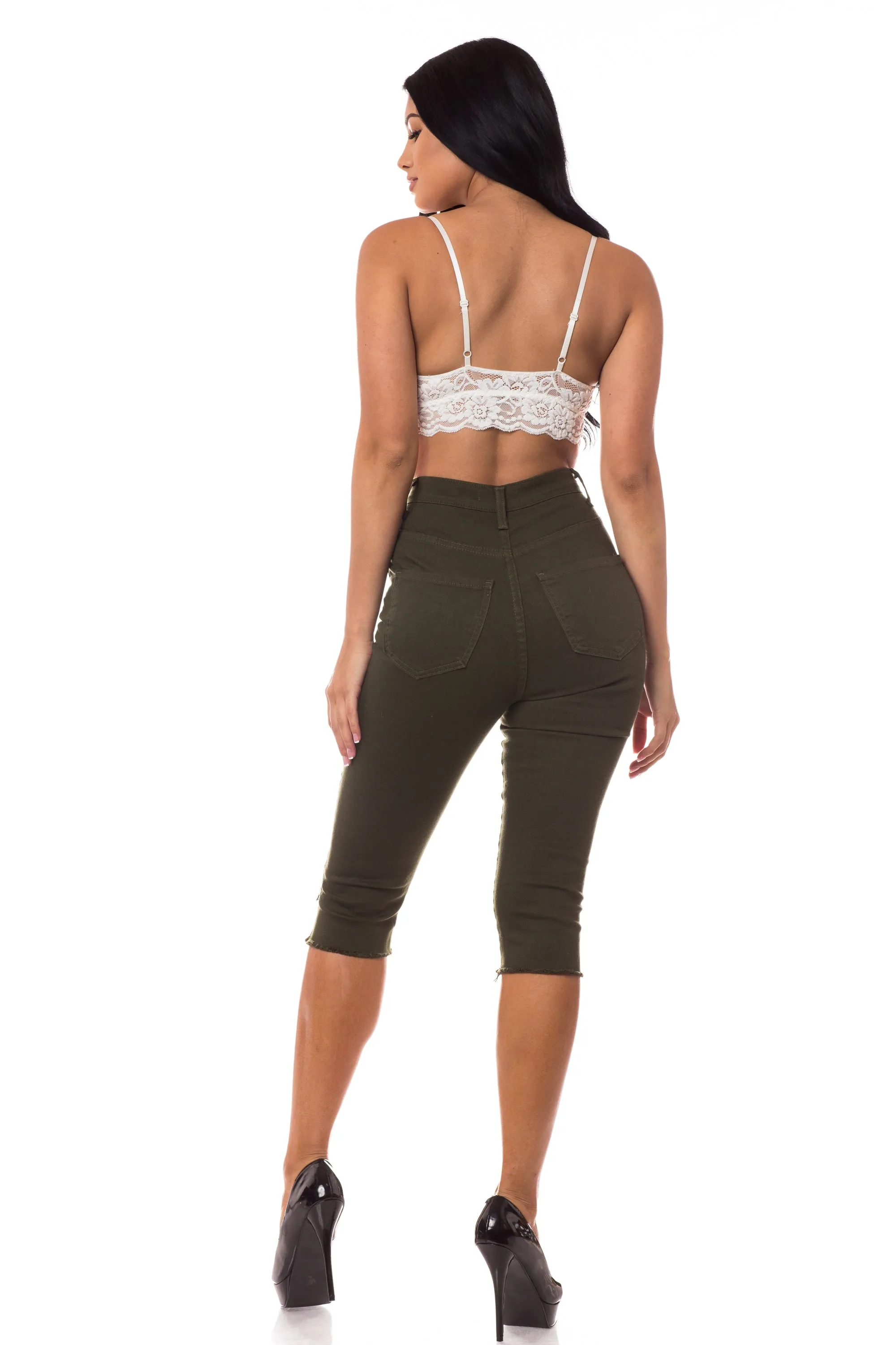 7003 Women's Super High Waisted Distressed Cropped Capri Jeans