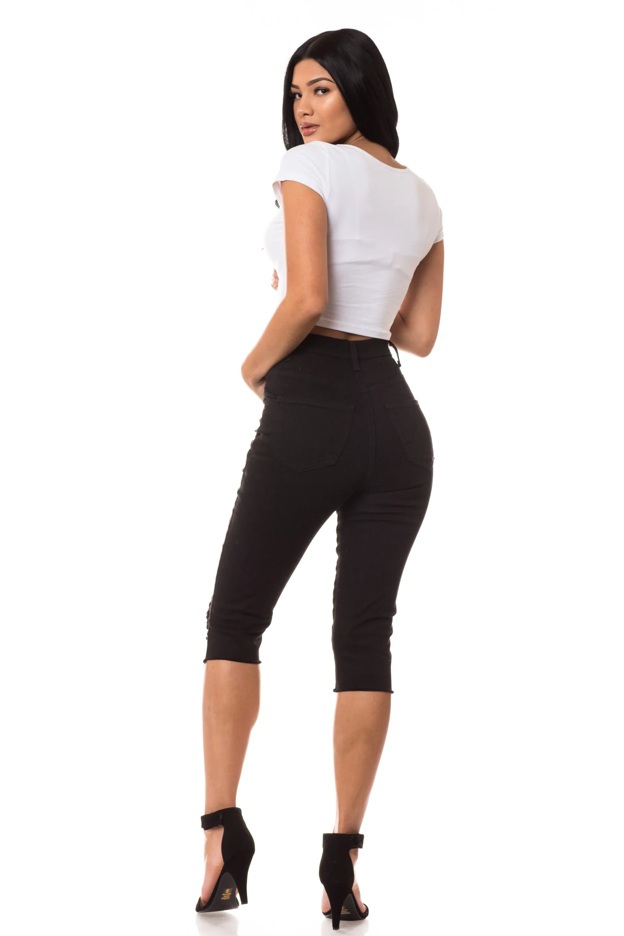 7003 Women's Super High Waisted Distressed Cropped Capri Jeans