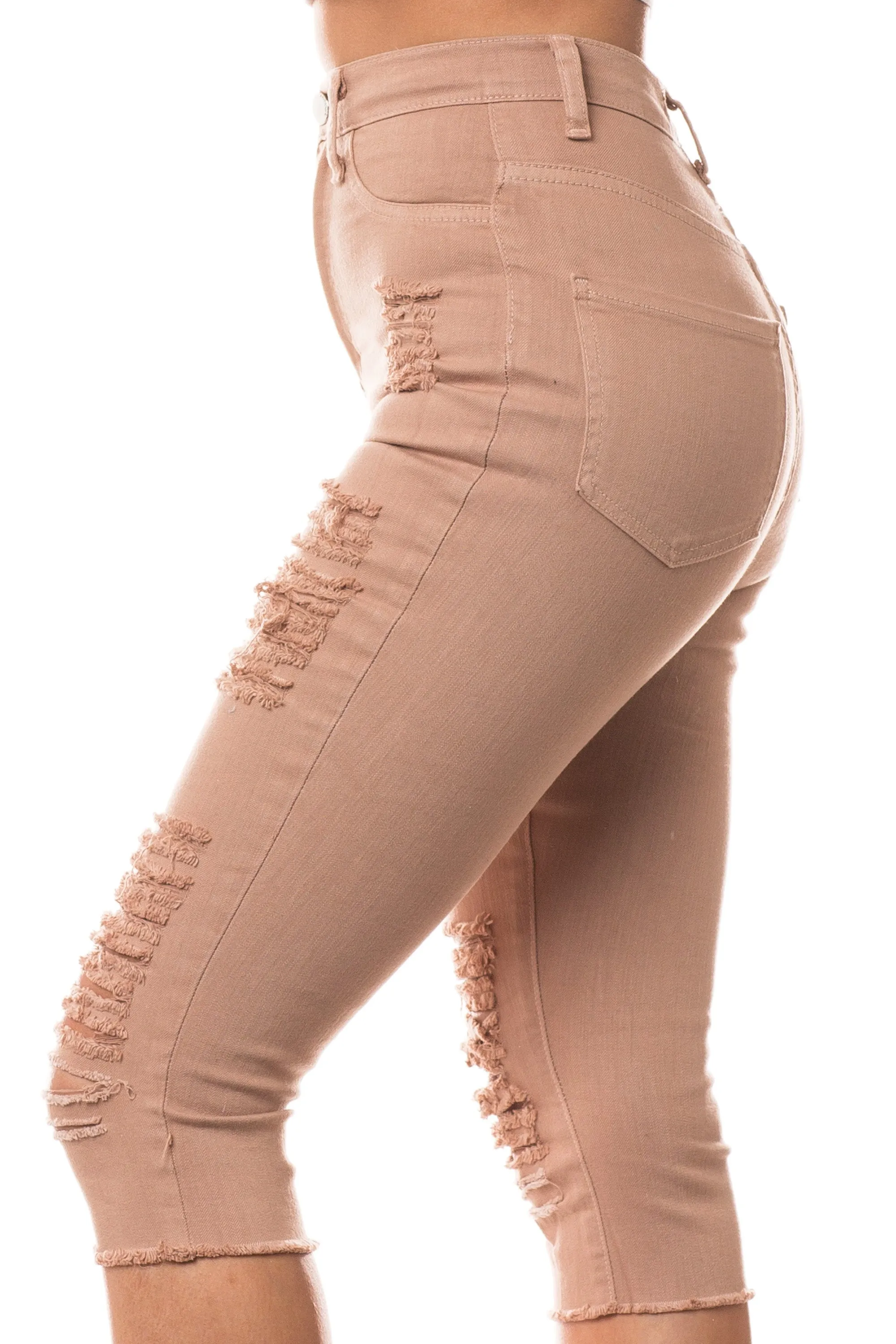 7003 Women's Super High Waisted Distressed Cropped Capri Jeans