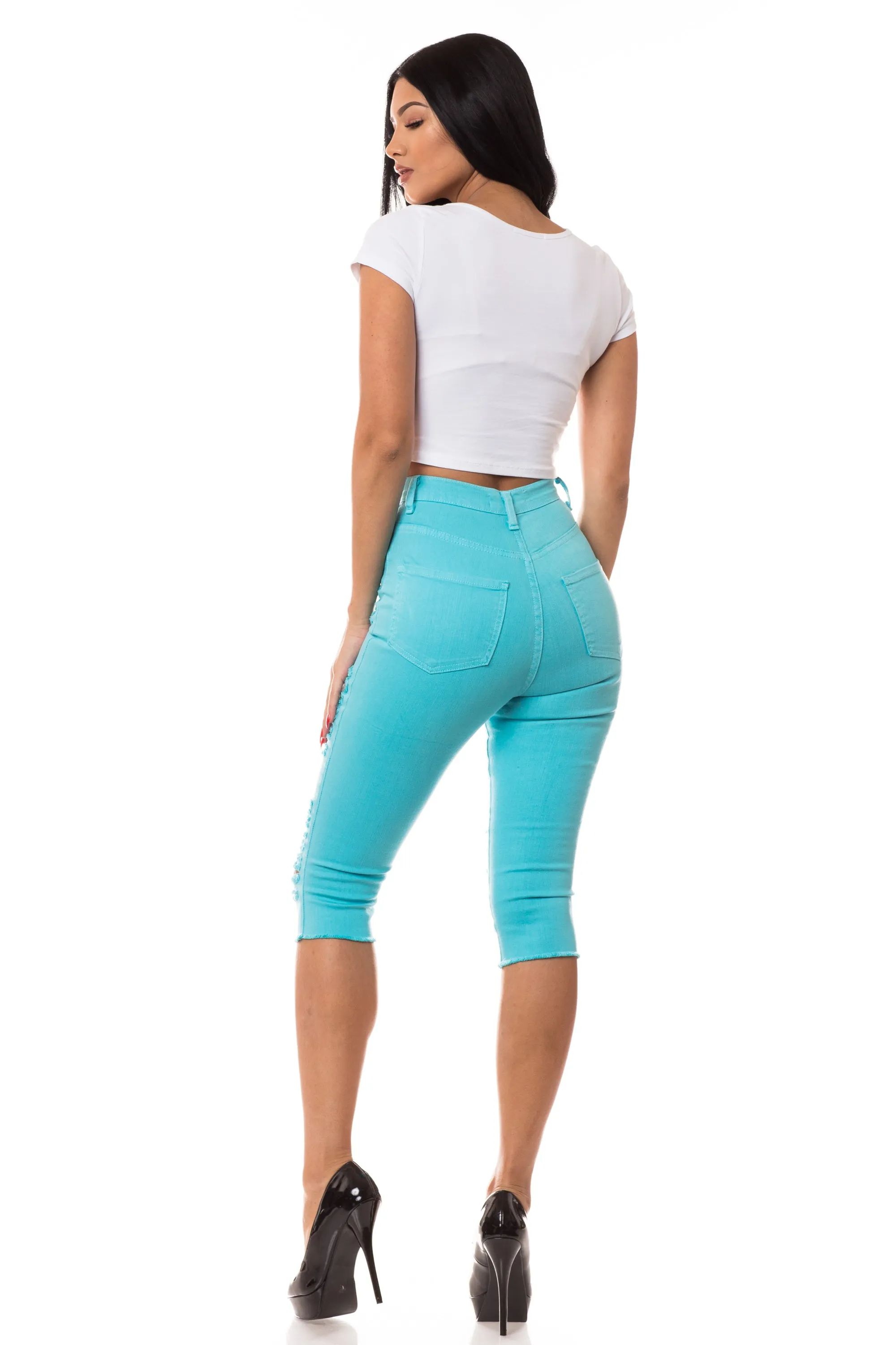 7003 Women's Super High Waisted Distressed Cropped Capri Jeans