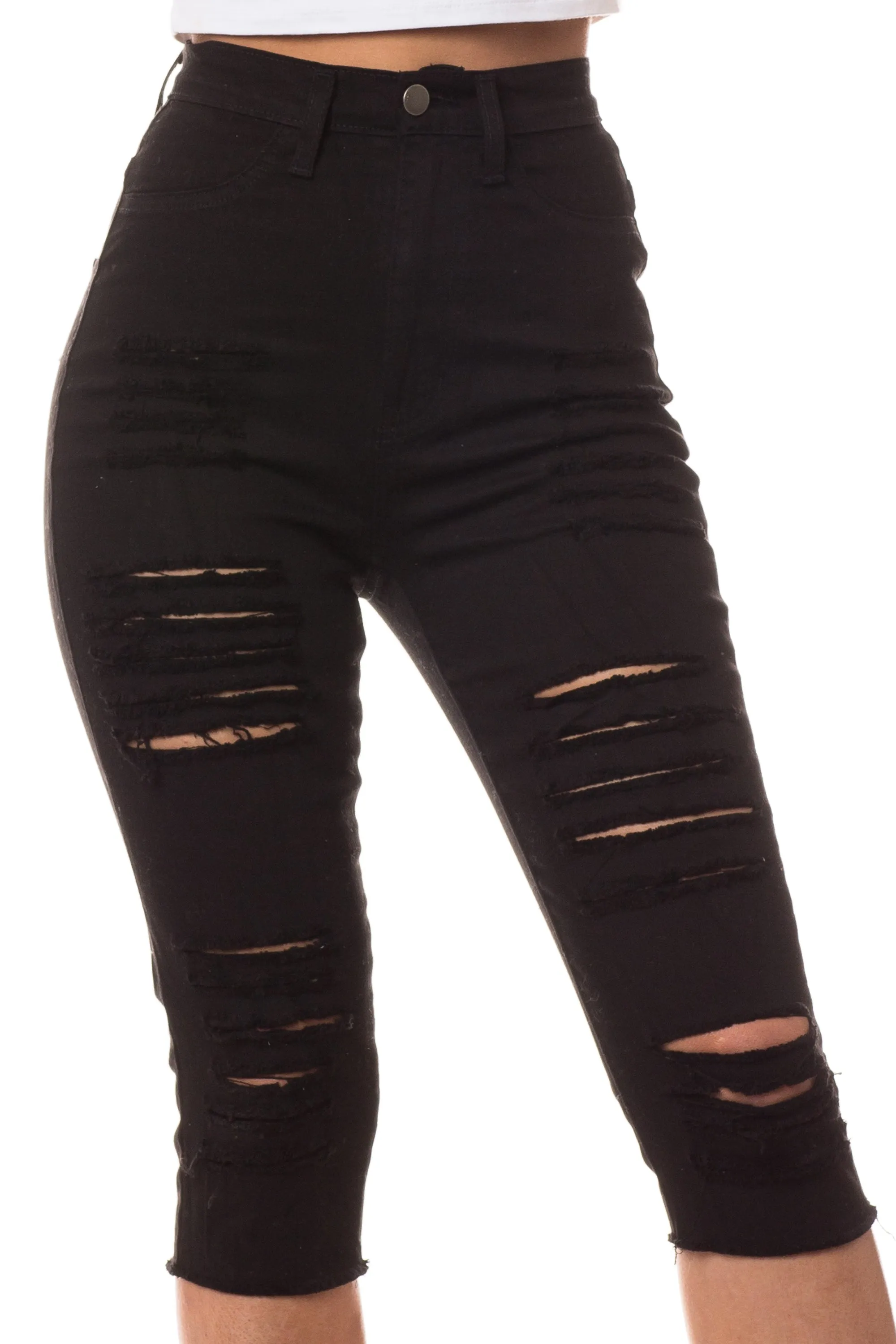 7003 Women's Super High Waisted Distressed Cropped Capri Jeans