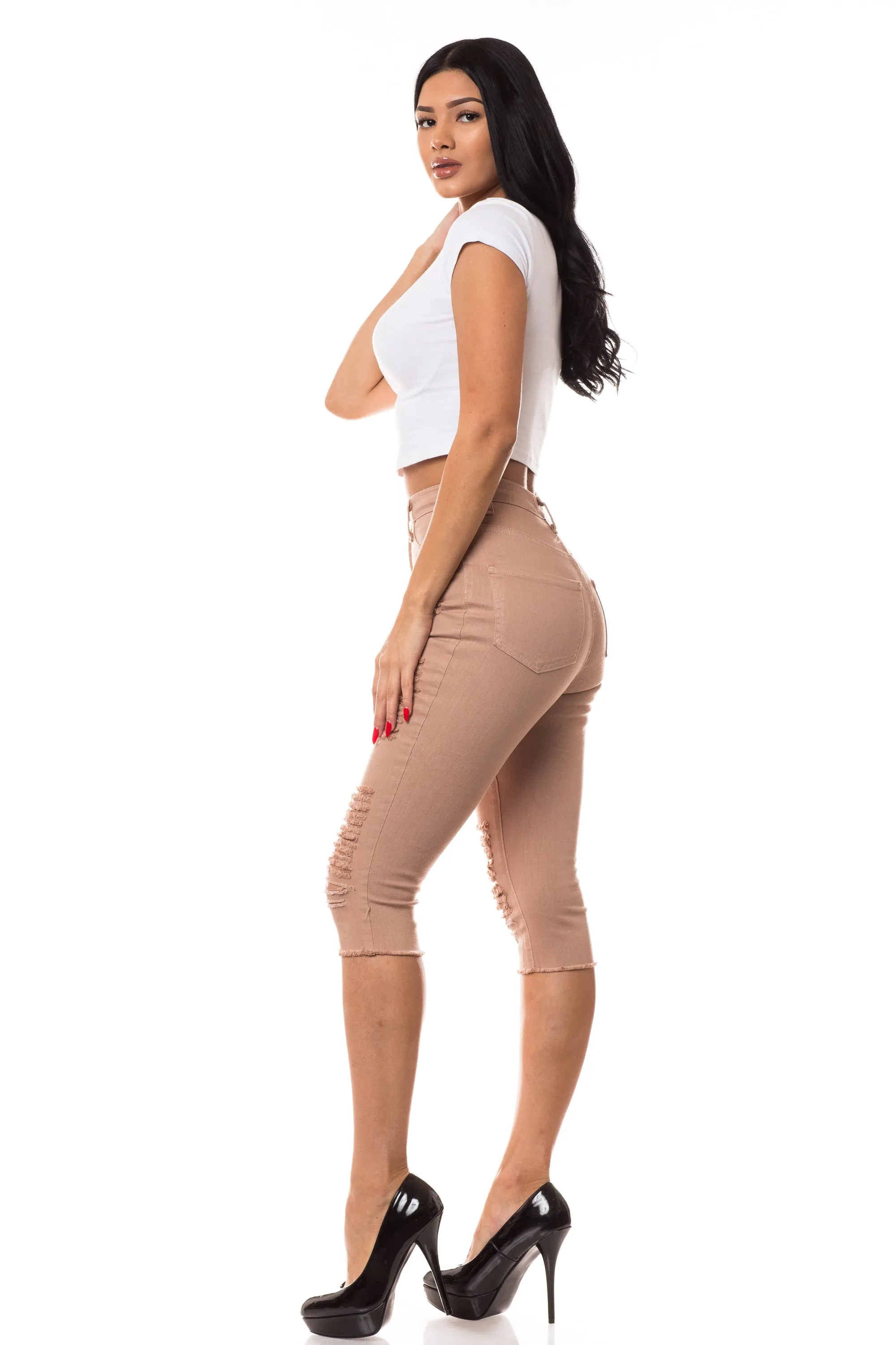 7003 Women's Super High Waisted Distressed Cropped Capri Jeans