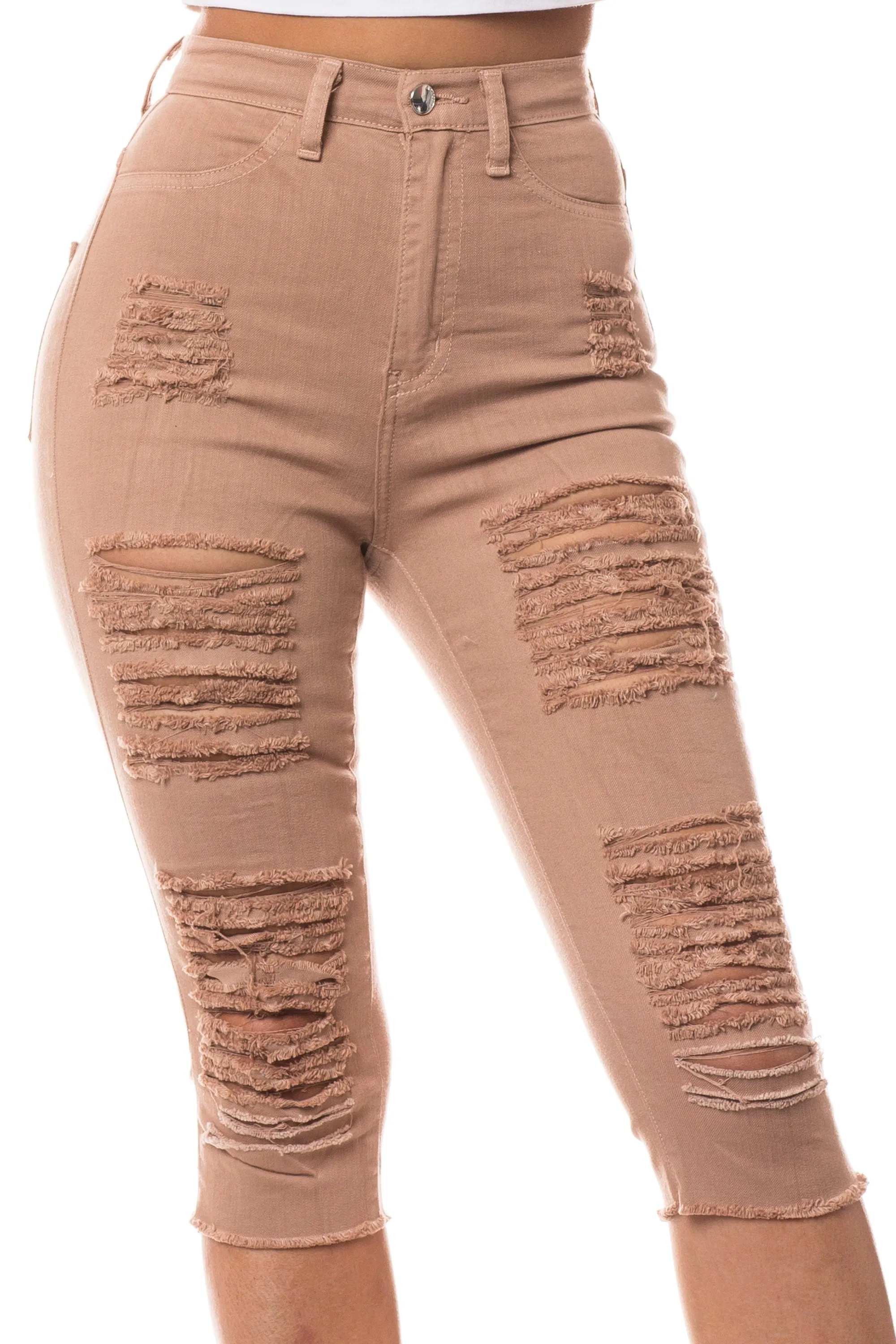 7003 Women's Super High Waisted Distressed Cropped Capri Jeans