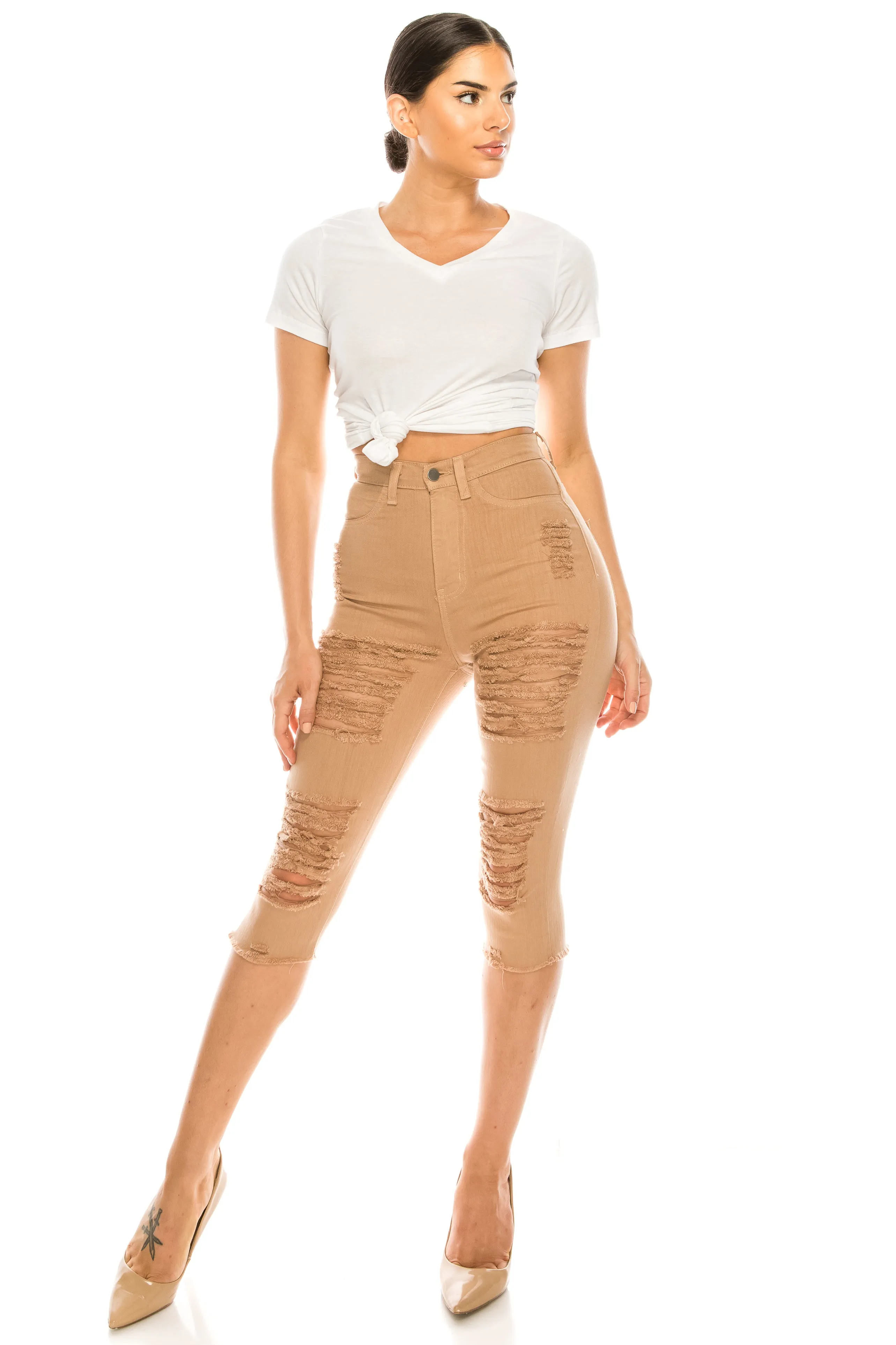 7003 Women's Super High Waisted Distressed Cropped Capri Jeans