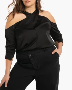 Alana Satin Cross-Neck Halter Top | Black