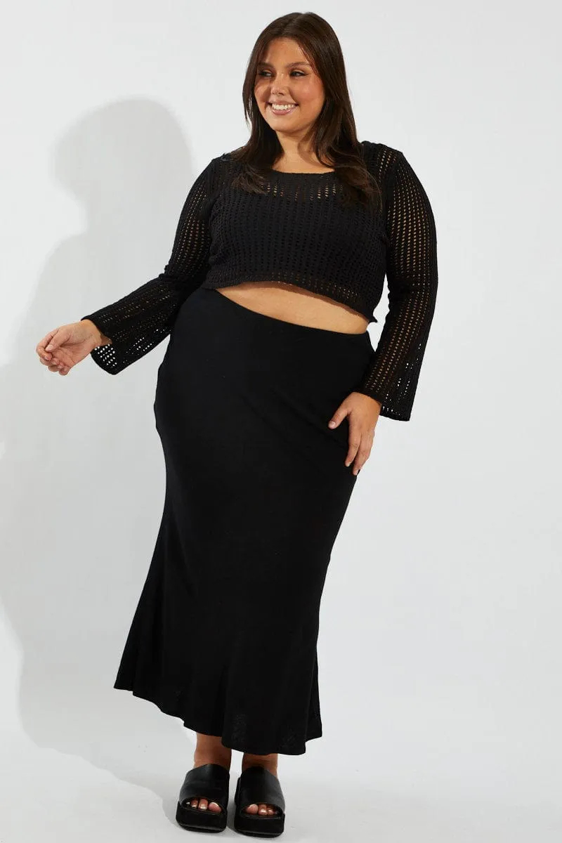 Black Crochet Knit Top Long Sleeve Scoop Neck