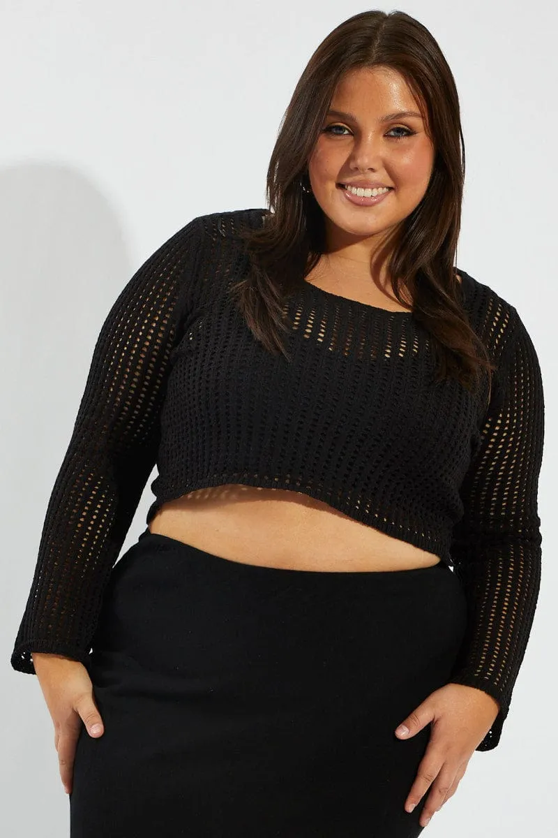 Black Crochet Knit Top Long Sleeve Scoop Neck