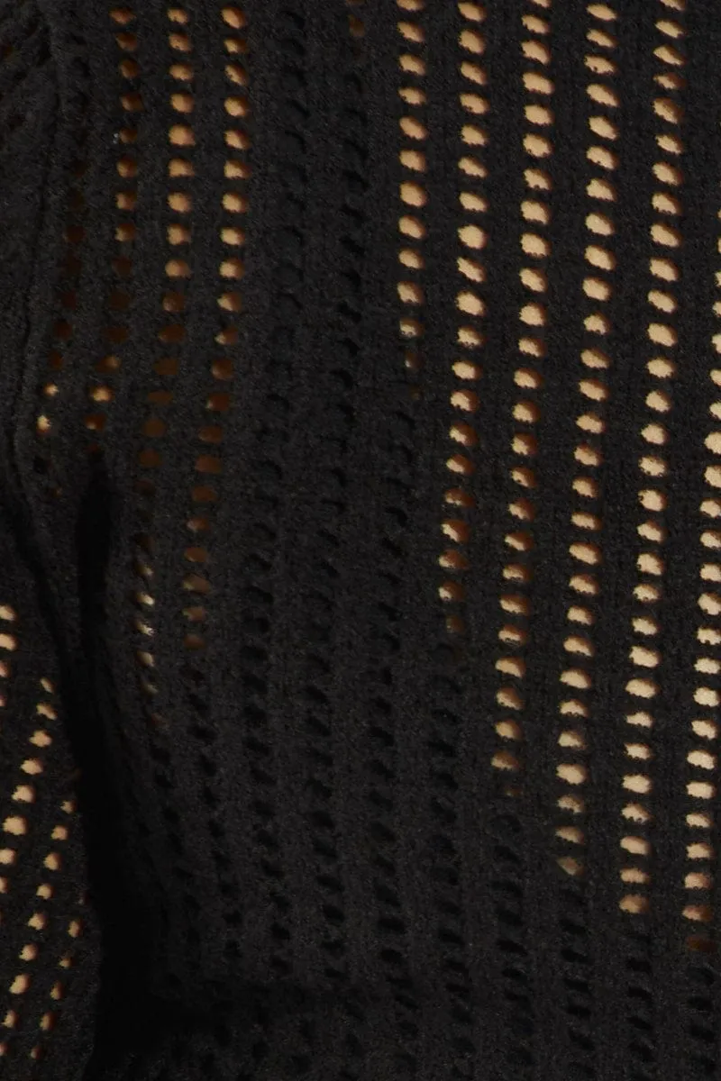 Black Crochet Knit Top Long Sleeve Scoop Neck