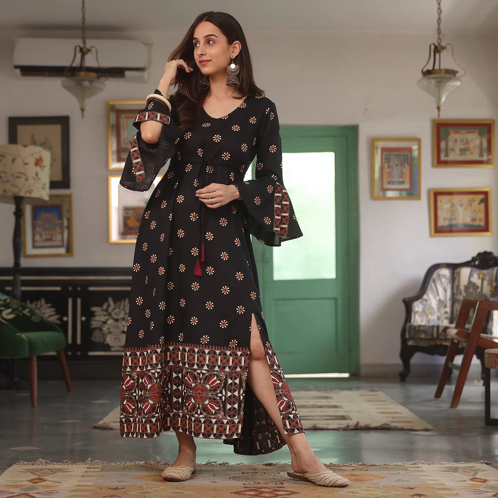 Black Flower Dress with Flared Sleeves and Slit Detail