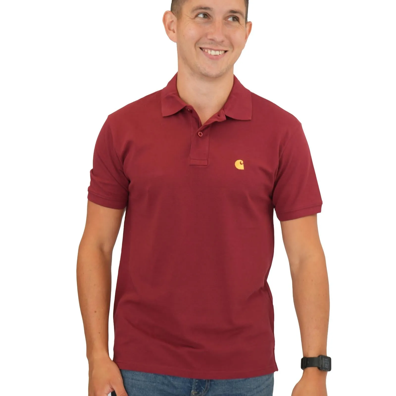 Carhartt Mens Polo Shirt Chase Pique Cotton Burgundy