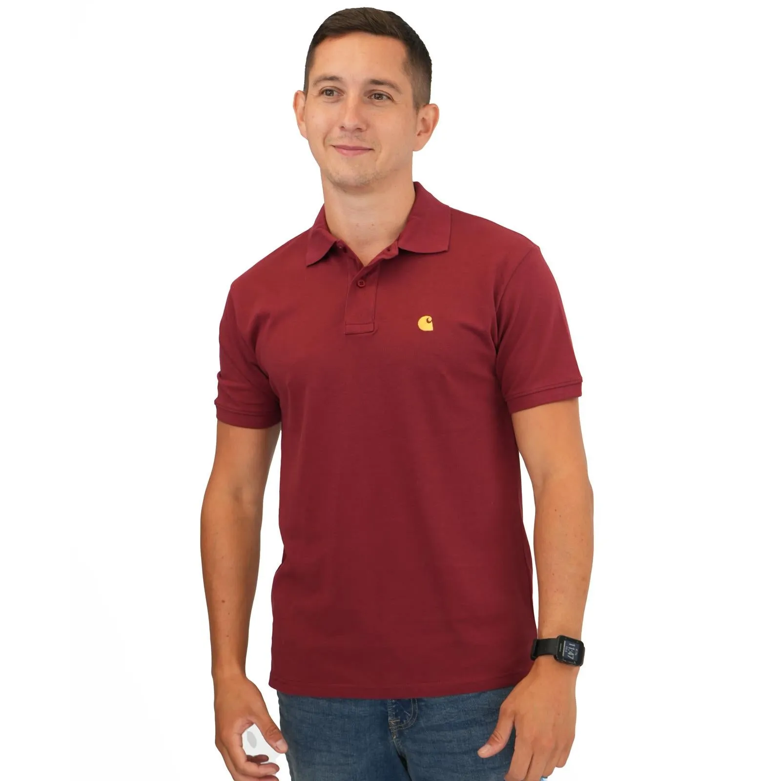 Carhartt Mens Polo Shirt Chase Pique Cotton Burgundy