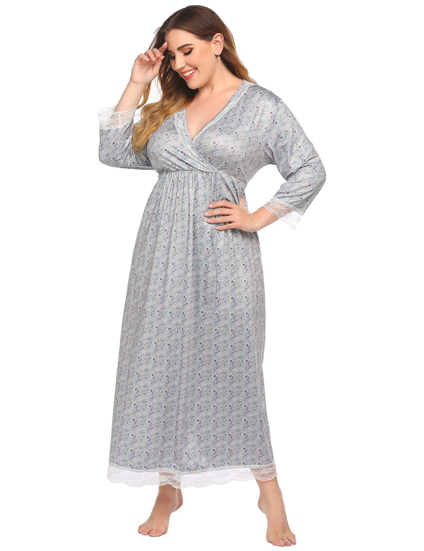 Casual Lace Stitching Printed Curvy Nightgown Wholesale Plus Size Clothing