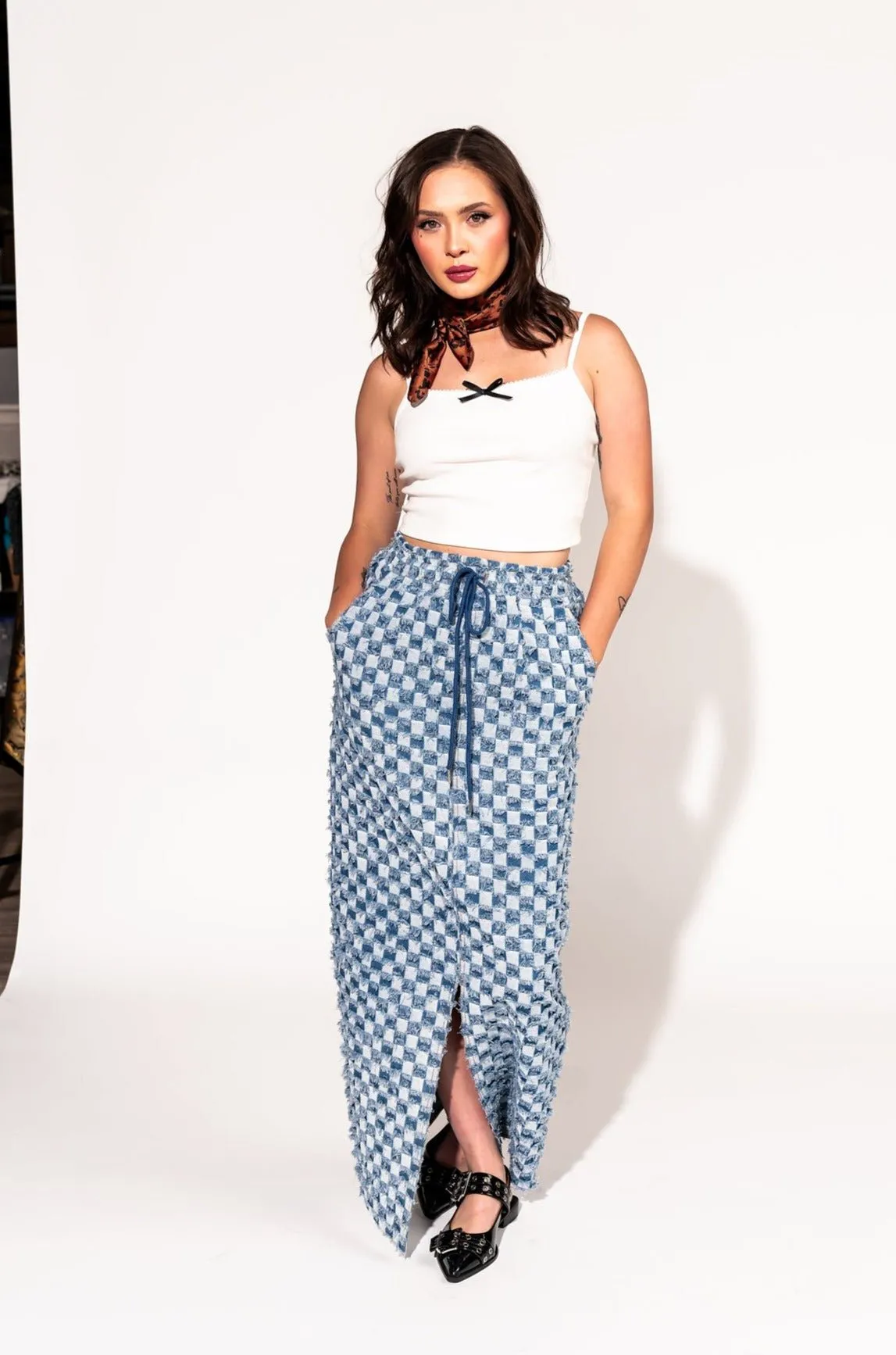 Check Mate Textured Denim Maxi Skirt