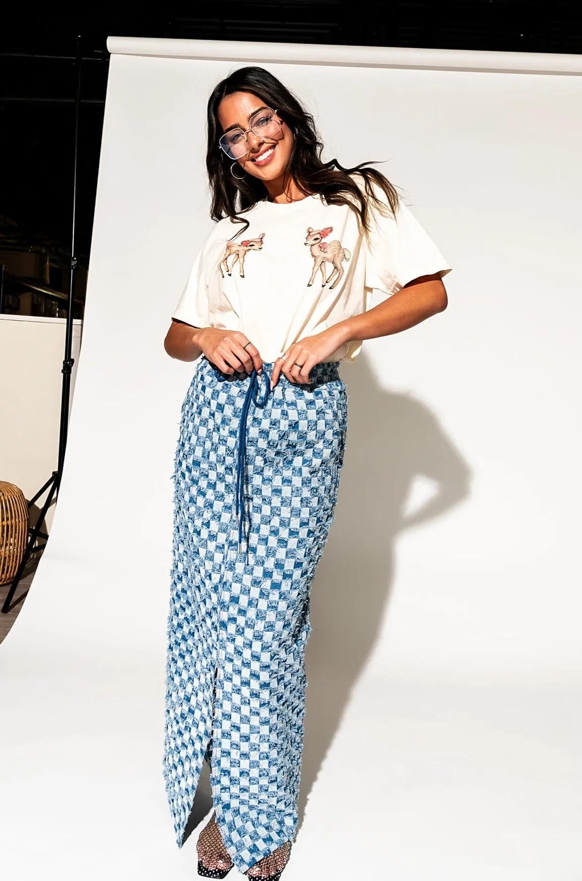 Check Mate Textured Denim Maxi Skirt