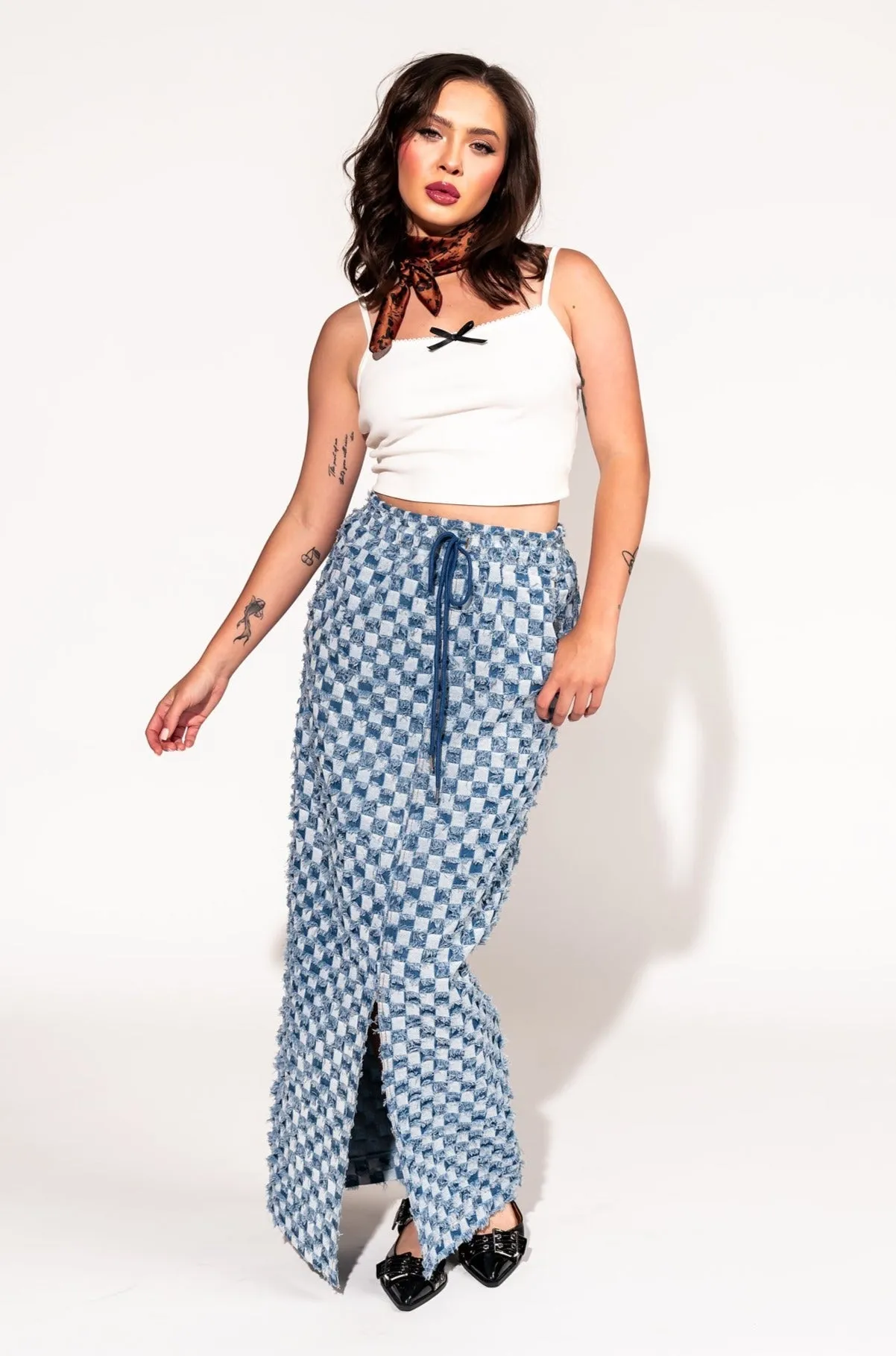 Check Mate Textured Denim Maxi Skirt