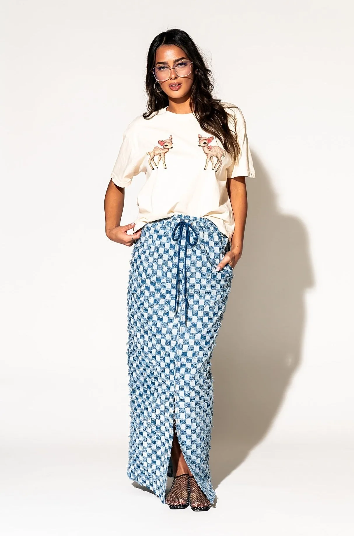 Check Mate Textured Denim Maxi Skirt